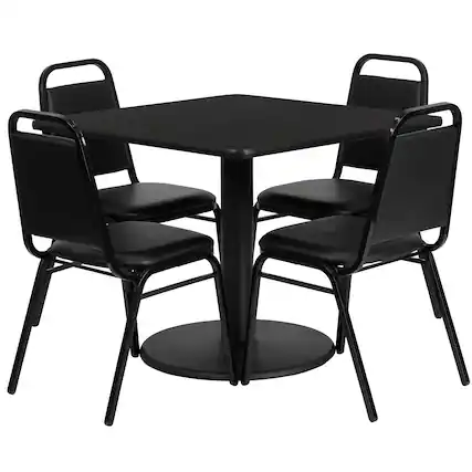 Front. Emma + Oliver - 36" Square Laminate Table Set with 4 Trapezoidal Banquet Chairs - Black Top/Black Vinyl Seat.