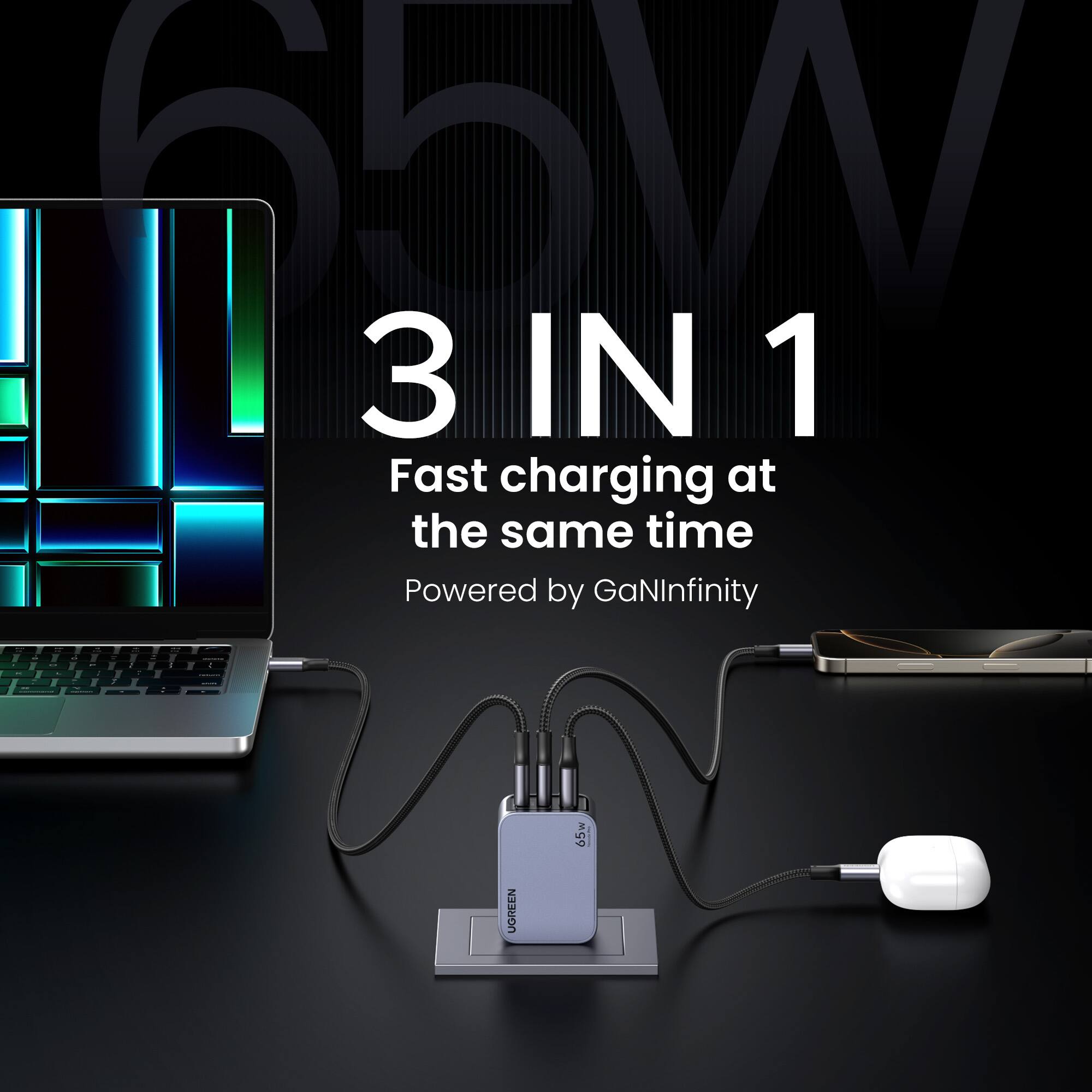 3IN1, Fast charging at the same time, Powered by GaNInfinity, 1 - 1, 2, 65 | UGREEN
