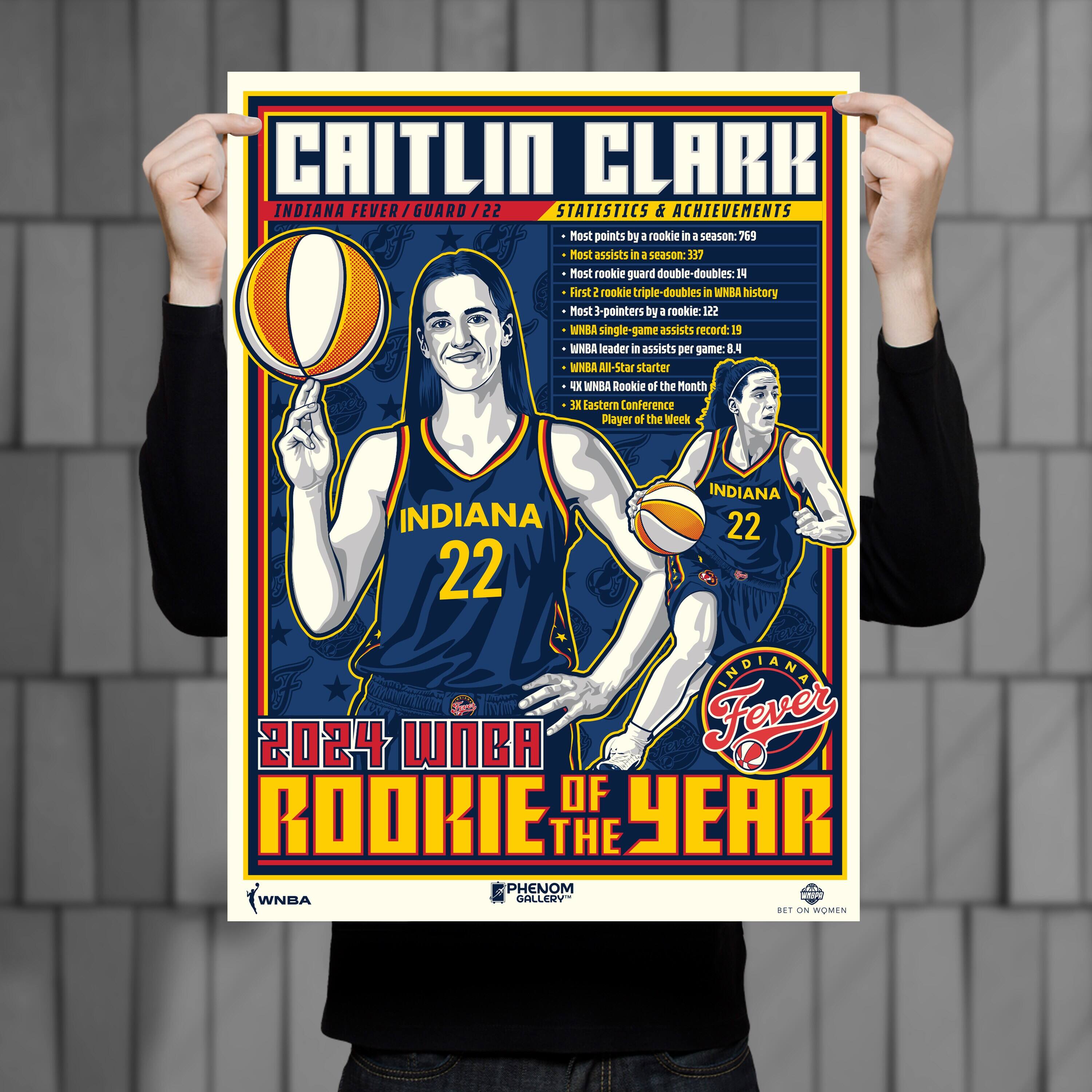 CAITLIN CLARK  
INDIANA FEVER / GUARD / 22  

STATISTICS & ACHIEVEMENTS  
- Most points by a rookie in a season: 769  
- Most assists in a season: 337  
- Most rookie guard double-doubles: 14  
- Most rookie triple-doubles in WNBA history  
- Most 3-pointers by a rookie: 122  
- WNBA single-game assists record: 11  
- WNBA leader in assists per game: 8.4  
- WNBA All-Star starter  
- 4x WNBA Rookie of the Month  
- 3x Eastern Conference Player of the Week  

2024 WNBA ROOKIE OF THE YEAR  

INDIANA  
22  

INDIANA FEVER  

WNBA  
PHENOM GALLERY  
BET ON WOMEN