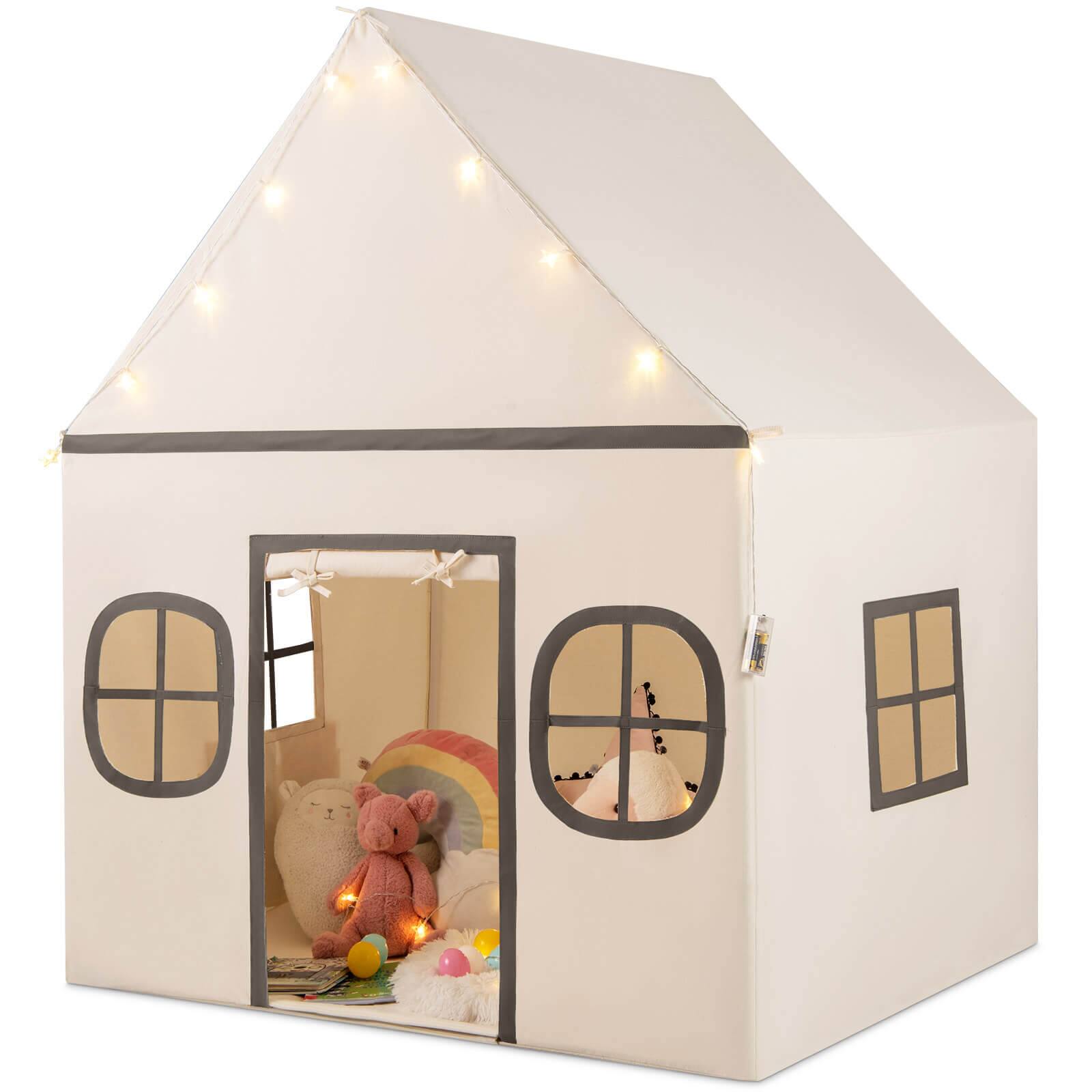 Costway - Kids Play Tent with Padded Mat, Star Lights, Side Storage Bags, Door & Windows - Beige