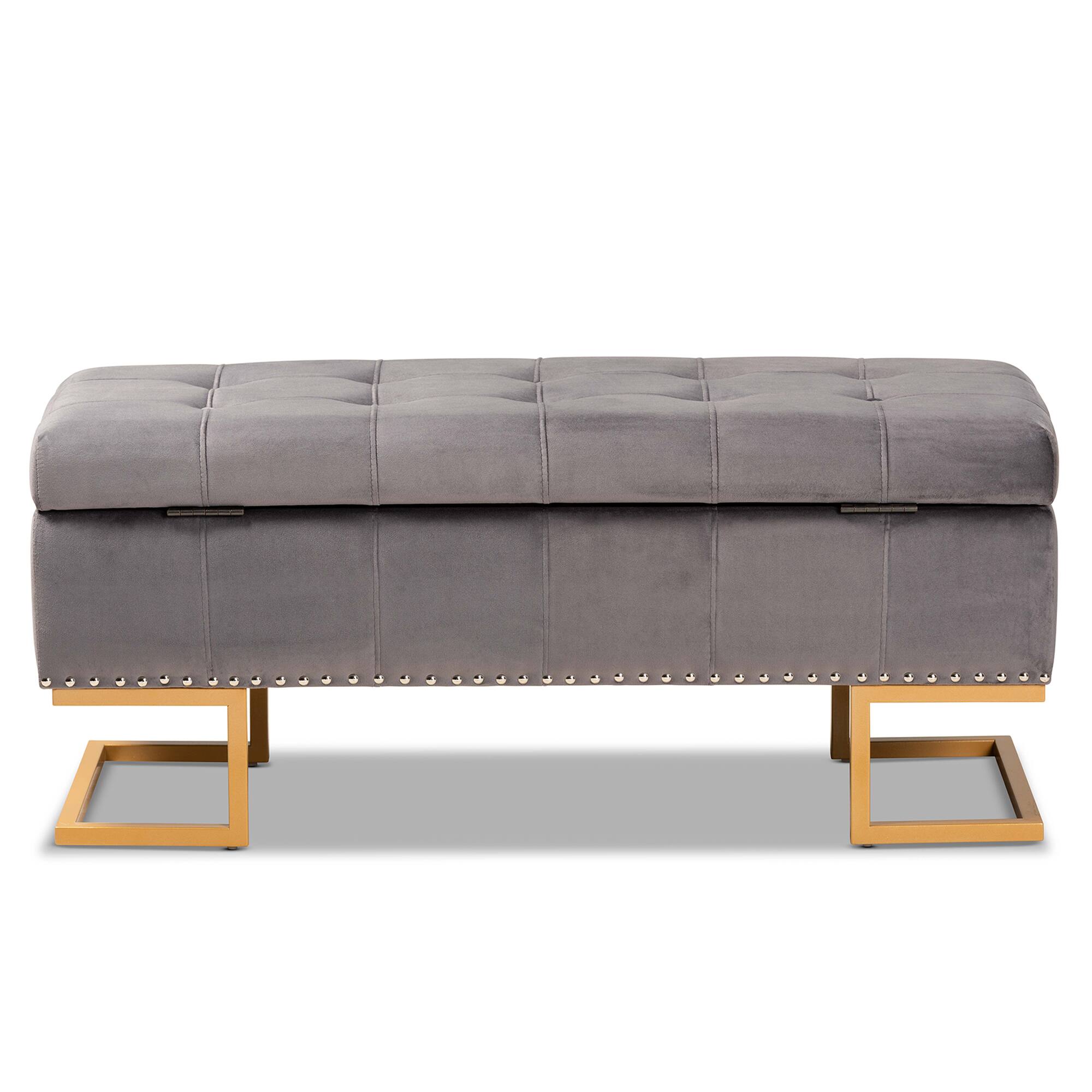 Alt View 1. Baxton Studio - Ellery Luxe and Glam Velvet Fabric Upholstered and Gold Finished Metal Storage Ottoman - Grey/Gold.