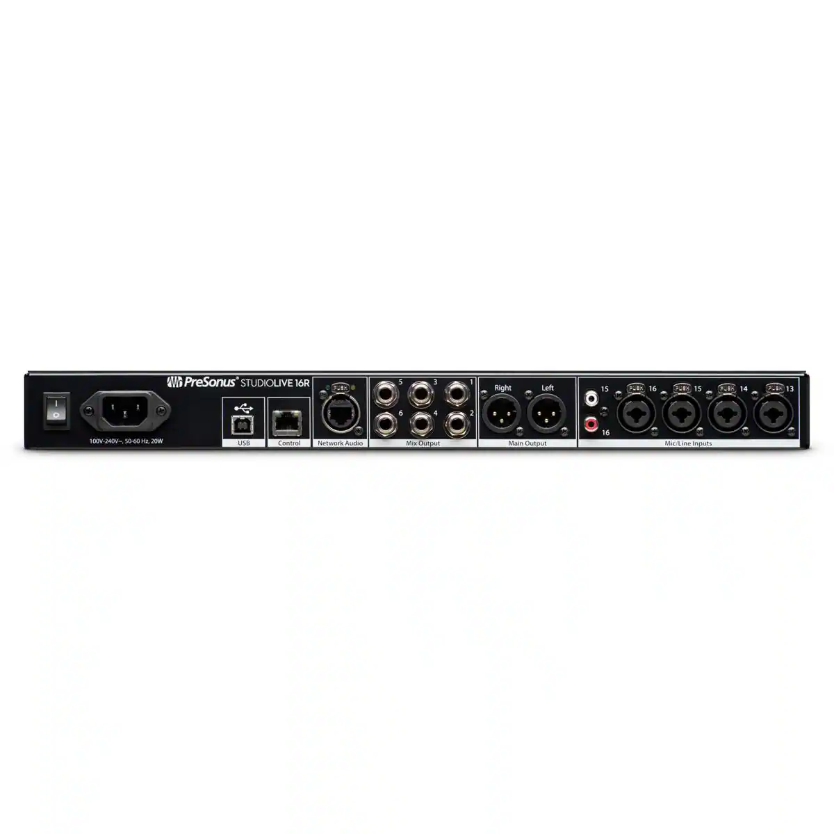 PreSonus STUDIOLIVE 16R

- Right Left
- 16
- 15
- 14
- 13
- 4
- 4
- 2
- 104

Network Audio
Main Output
Mic/Line Input