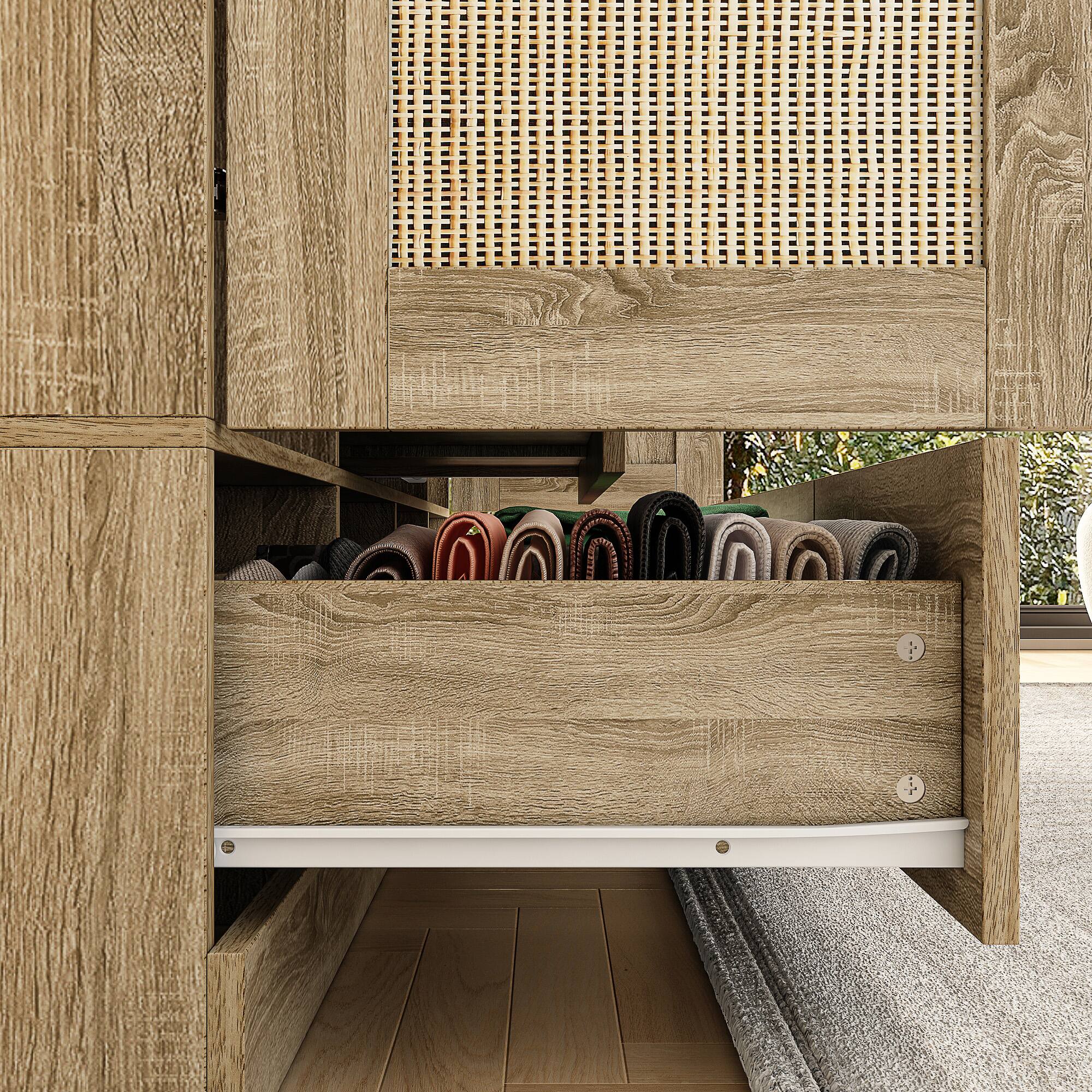 Alt View 2. Famapy - Woven Rattan Wardrobe with Large Hanging Space, Multi-Shelf Storage & Drawers for Bedroom & Closet - Wooden.