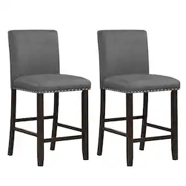Gymax - Set of 2 Bar Stools Linen Fabric Counter Height Chairs for Kitchen Island Grey - Gray