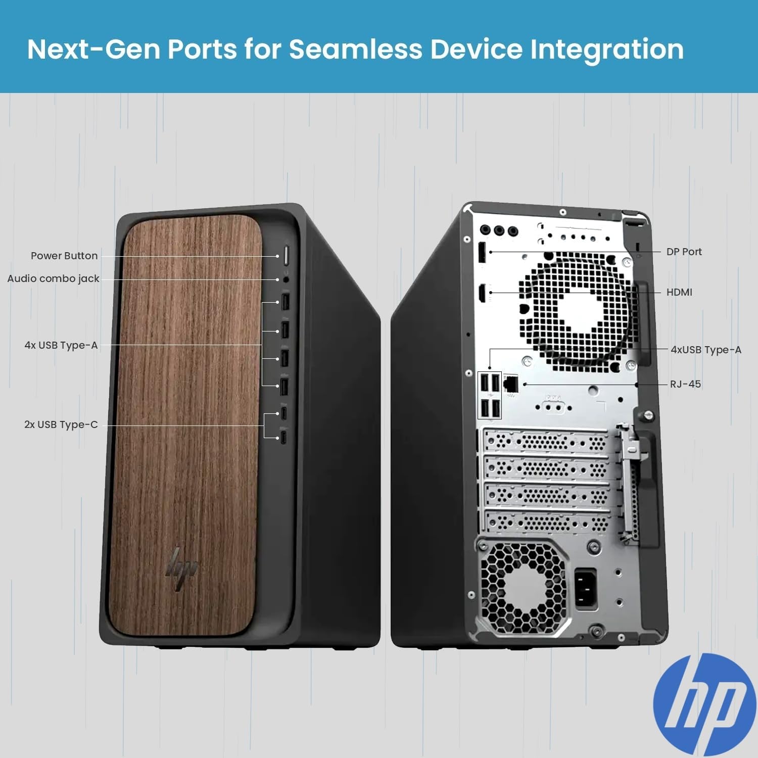Next-Gen Ports for Seamless Device Integration

- Power Button
- Audio combo jack
- 4x USB Type-A
- 2x USB Type-C
- DP Port
- HDMI
- 4x USB Type-A
- RJ-45