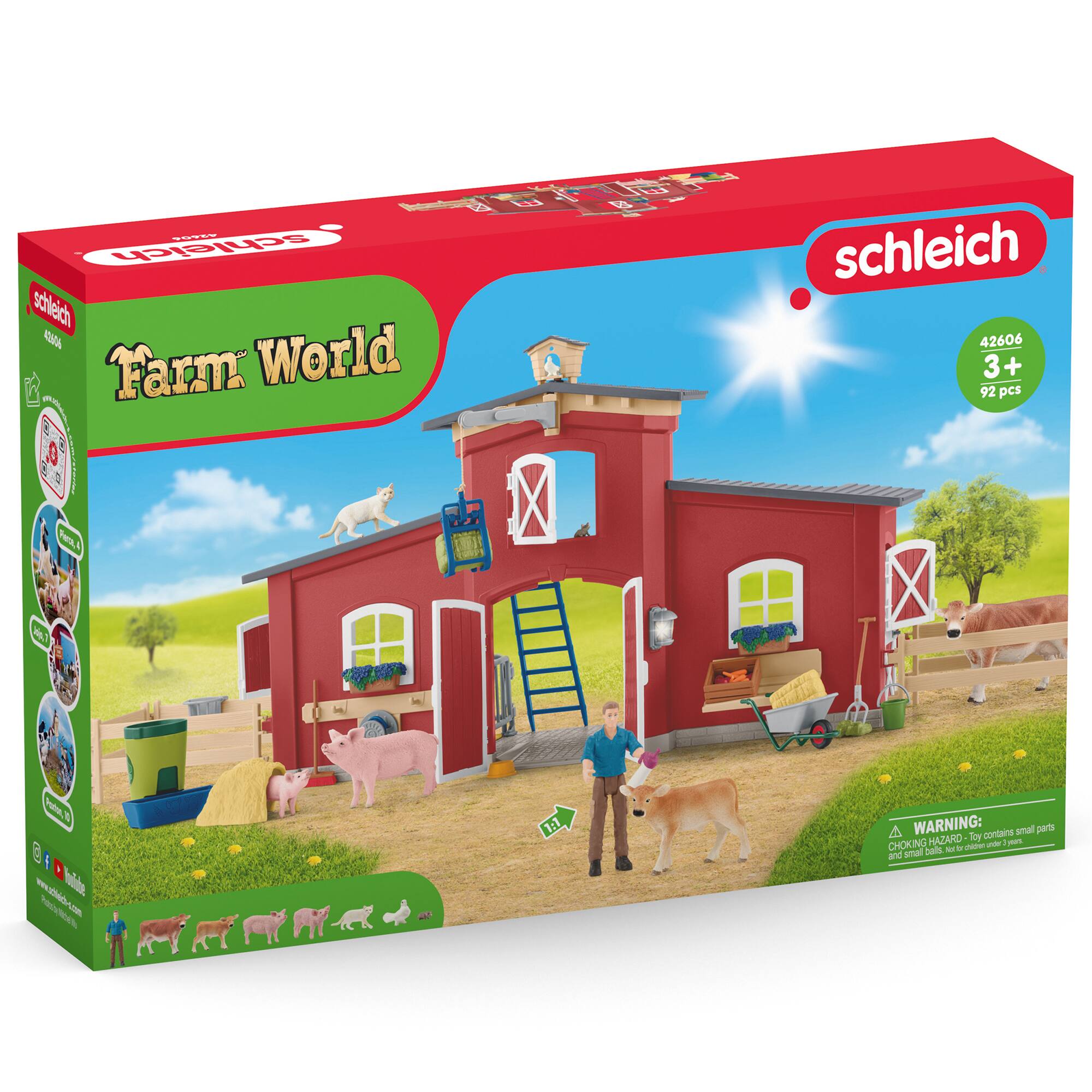 CER schleich schleich al Farm World I  K  O 6  Q schleich 42606 3+ 92 pcs Fag  .7 Fue  mz mite Neciert TOES L cAo - - 1:1  WARNING: contains small parts HALAHD Toy i CHOKING - - ballt - - and enal