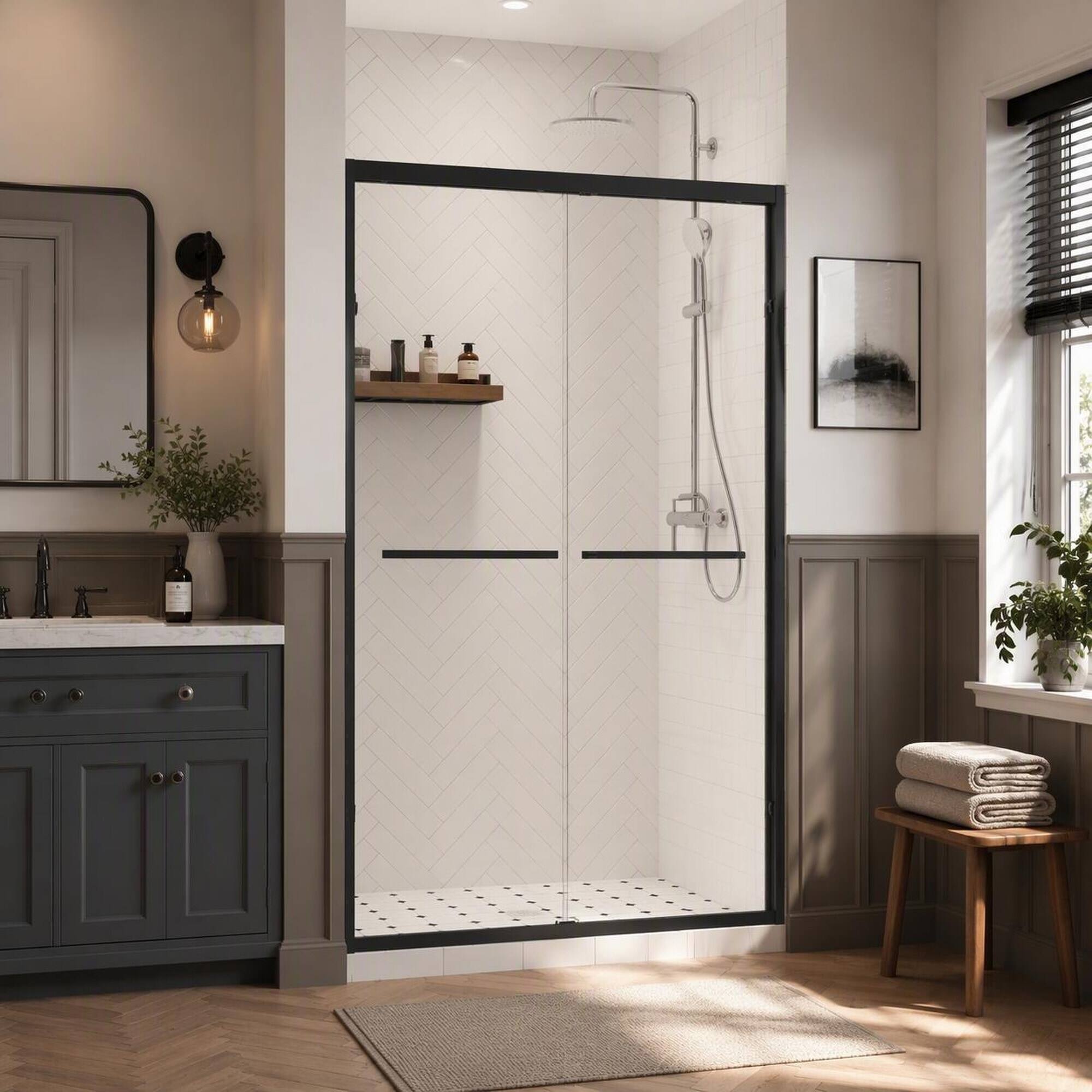 Angle. RYHNUYNE - 44-48" X 76" Aluminum Frame Double Sliding Shower Door With 1/4" Clear Tempered Glass, Matte Black Hardware - Matt Black.