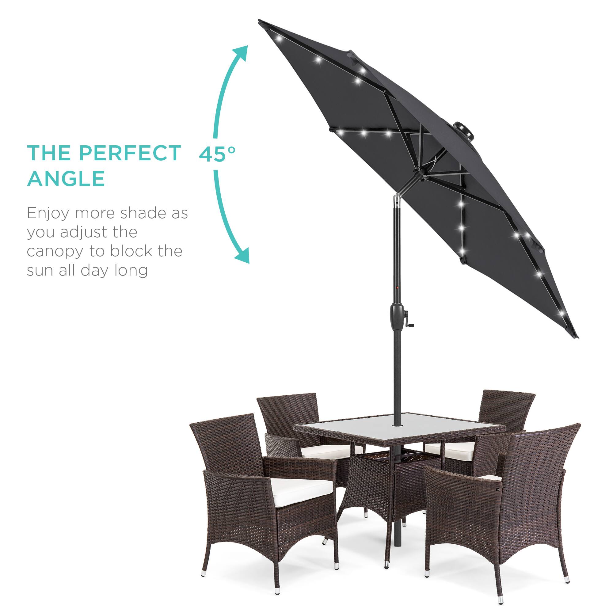 THE PERFECT 45° ANGLE

Enjoy more shade as you adjust the canopy to block the sun all day long