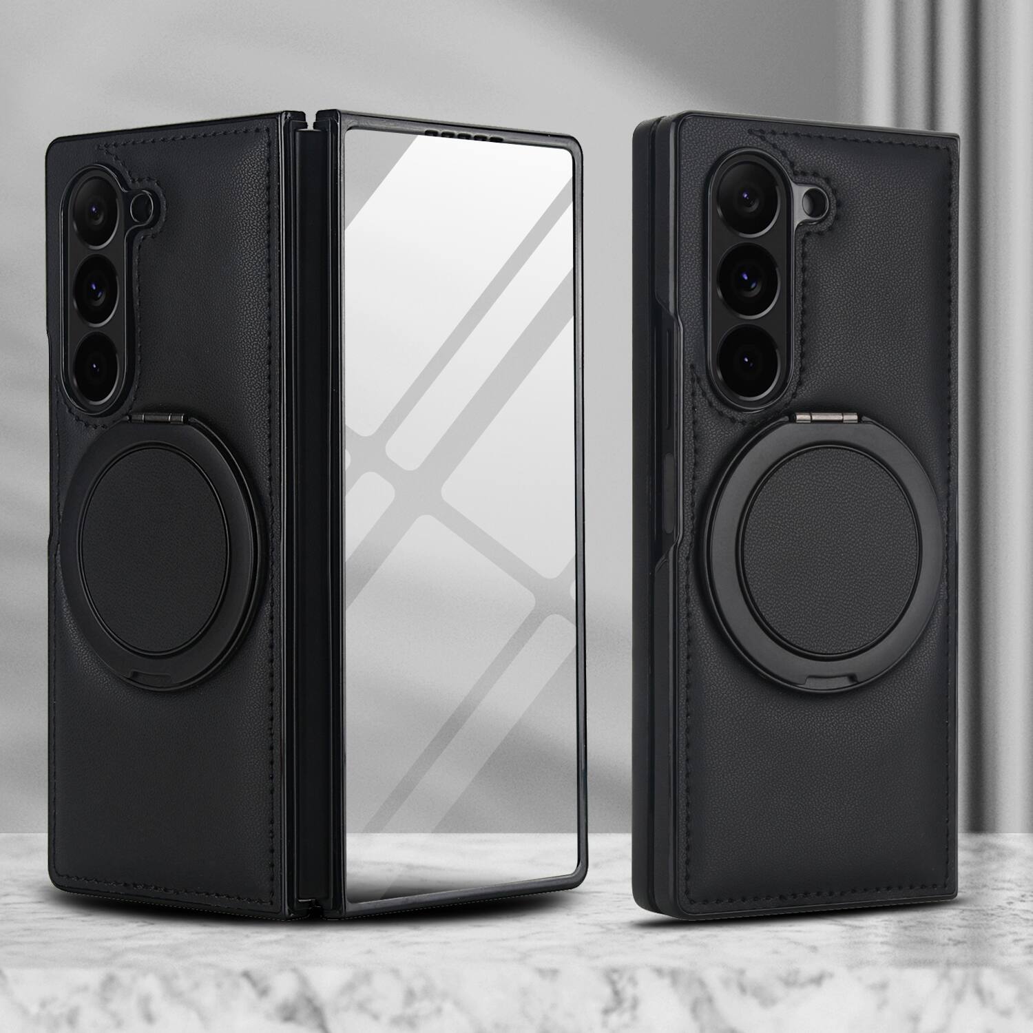 Alt View 3. Dteck - Magnetic Case for Samsung Galaxy Z Fold6 with Ring Kickstand,Built-in Screen Protector,Faux Leather Shockproof Cover - Black.
