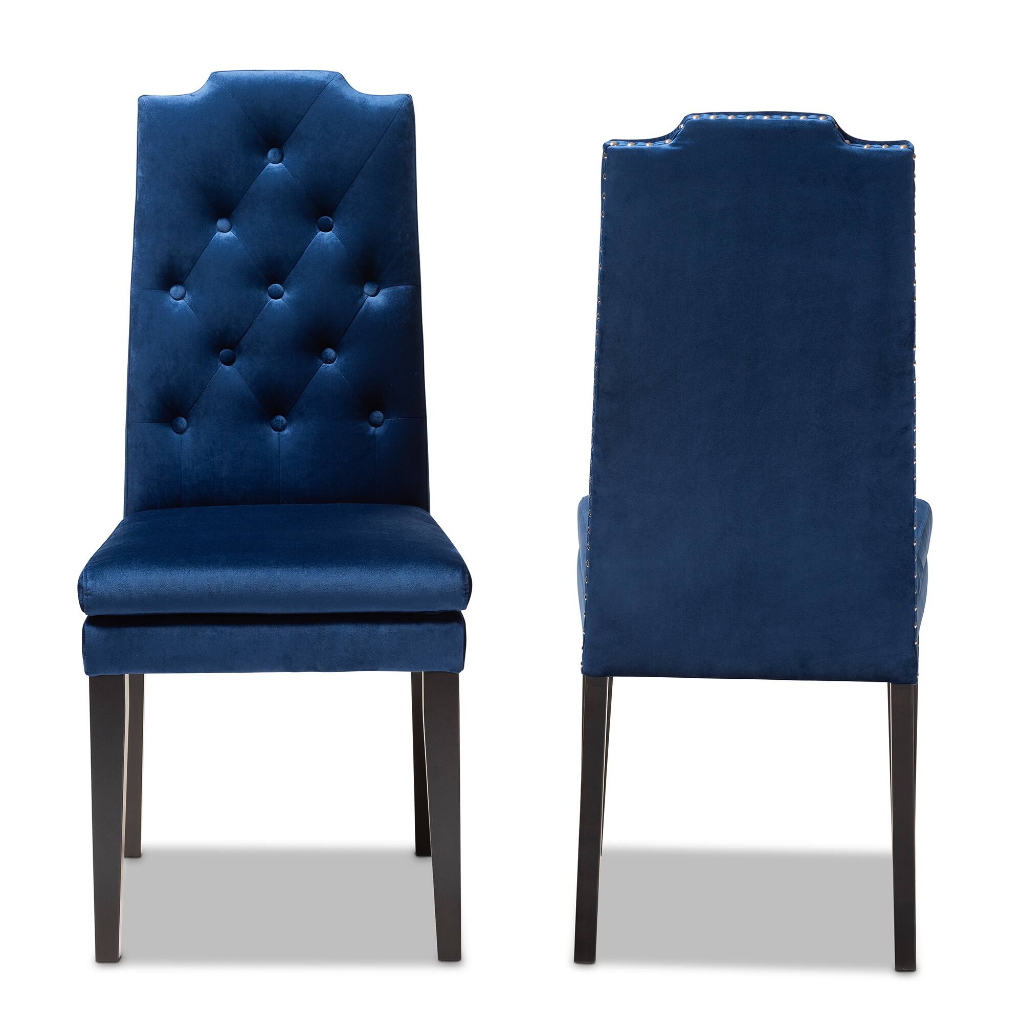 Angle. Baxton Studio - Dylin Modern and Contemporary Velvet Fabric Upholstered Button Tufted Wood Dining Chair Set - Royal Blue.