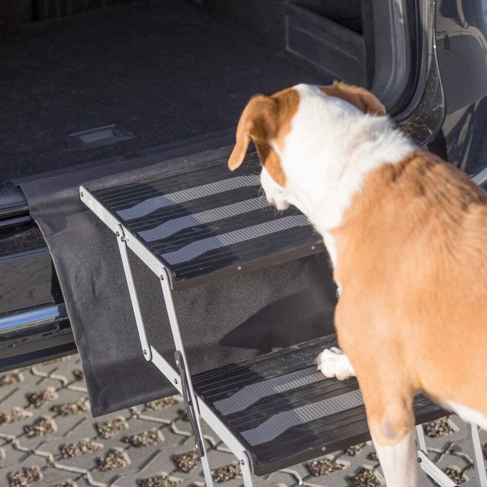 Left. TRIXIE - Heavy Duty Foldable 3 Step Pet Stairs, Lightweight Aluminum, Portable Pet Steps - Silver/Black.