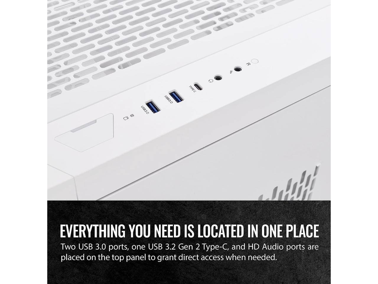 Everything you need is located in one place. Two USB 3.0 ports, one USB 3.2 Gen 2 Type-C, and HD Audio ports are placed on the top panel to grant direct access when needed.