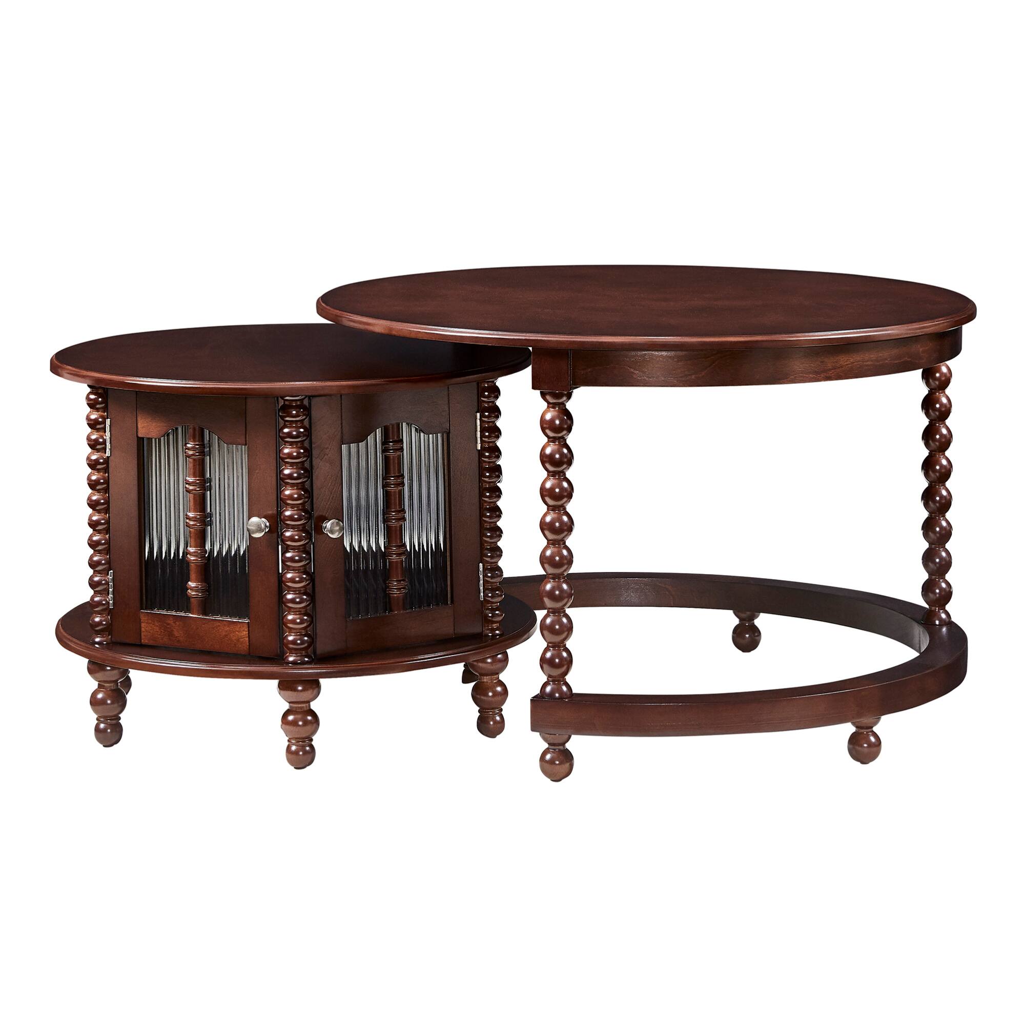 Alt View 6. GOODSILO - Vintage Round Nesting Coffee Table with Bamboo-Shaped Glass Doors and Retro Beaded Legs - Walnut.