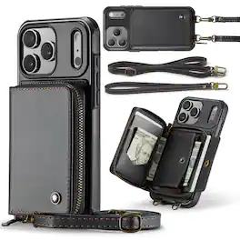 Dteck - Crossbody Zipper Wallet Case for iPhone 17 Pro Max, RFID Blocking PU Leather Card Slots Wrist Strap Lanyard Cover - Black
