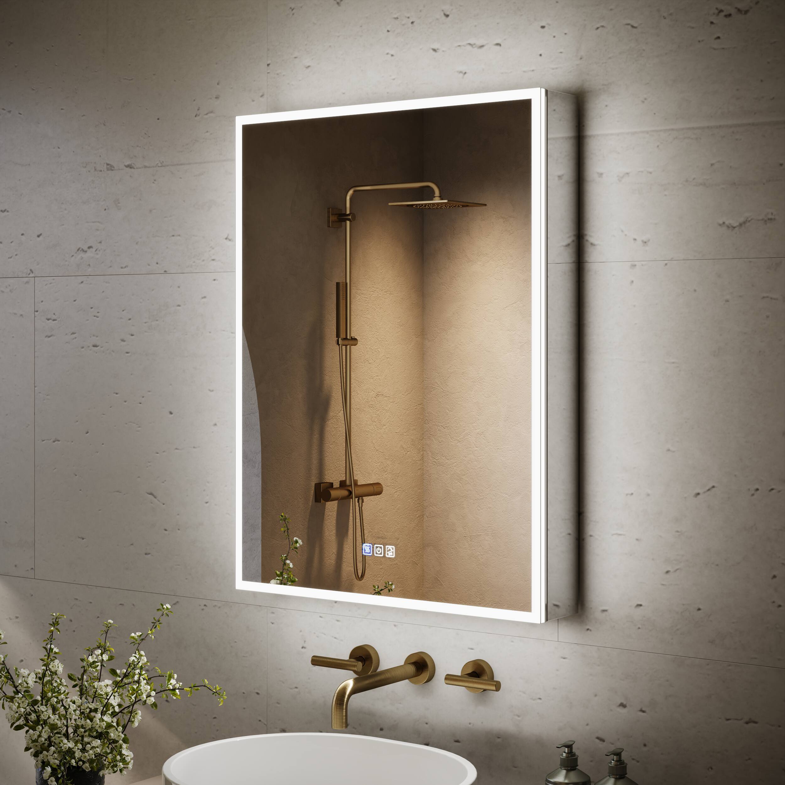 Angle. WELLFOR - 24 in. W x 30 in. H Rectangular Recessed/Surface Mount LED Medicine Cabinet with Mirror, 3x Magnifier, Type C, 3-Touch - Silver.