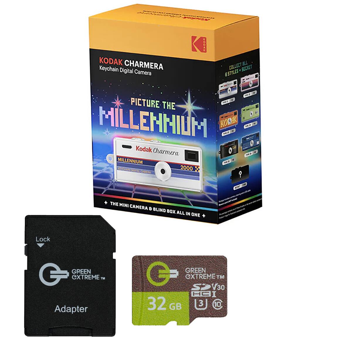 KODAK CHARMERA Keychain Digital Camera  
PICTURE THE MILLENNIUM  
Kodak Charmera MILLENNIUM 2000  
THE MINI CAMERA & BLIND BOX ALL IN ONE  

GREEN EXTREME Adapter  
GREEN EXTREME™ SD V30 32 GB