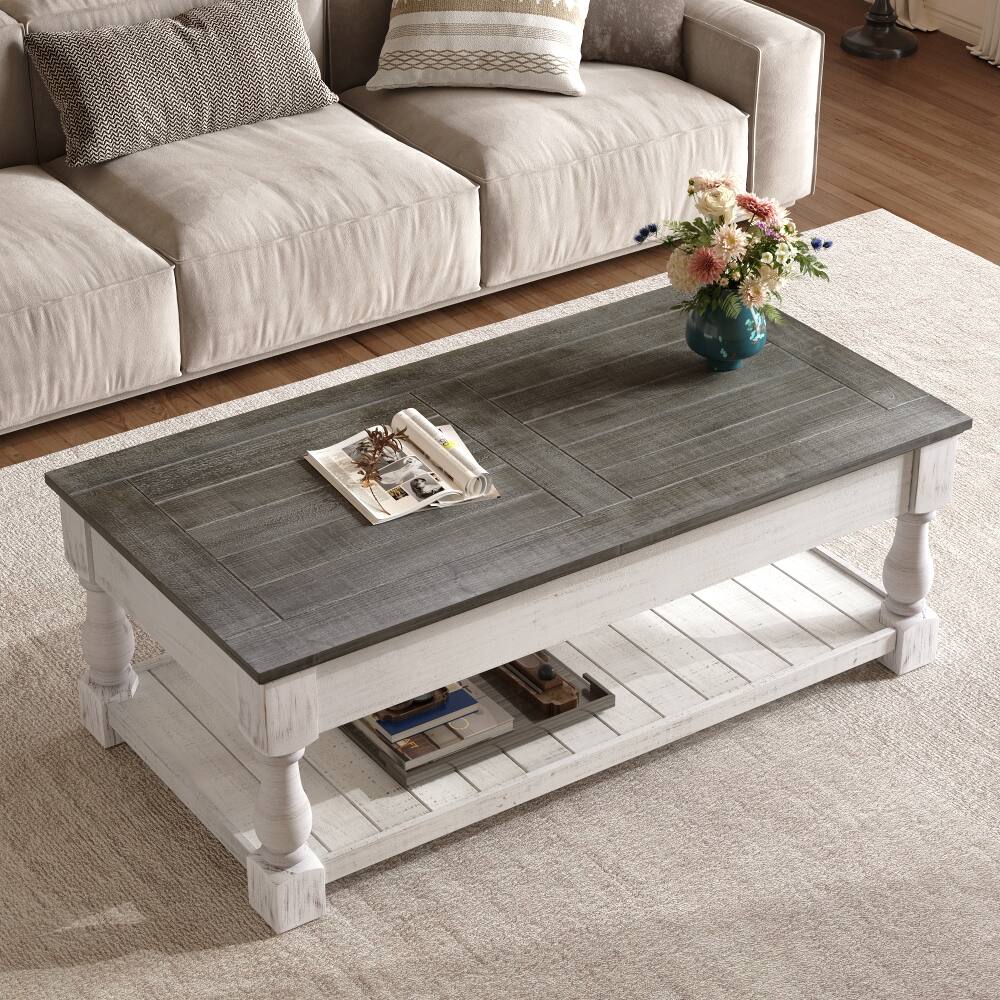 Alt View 2. Loheer - Loheer farmhouse lift top coffee table, solid wood splice tabletop, two tier living room table - Antique Gray and Weathered White.