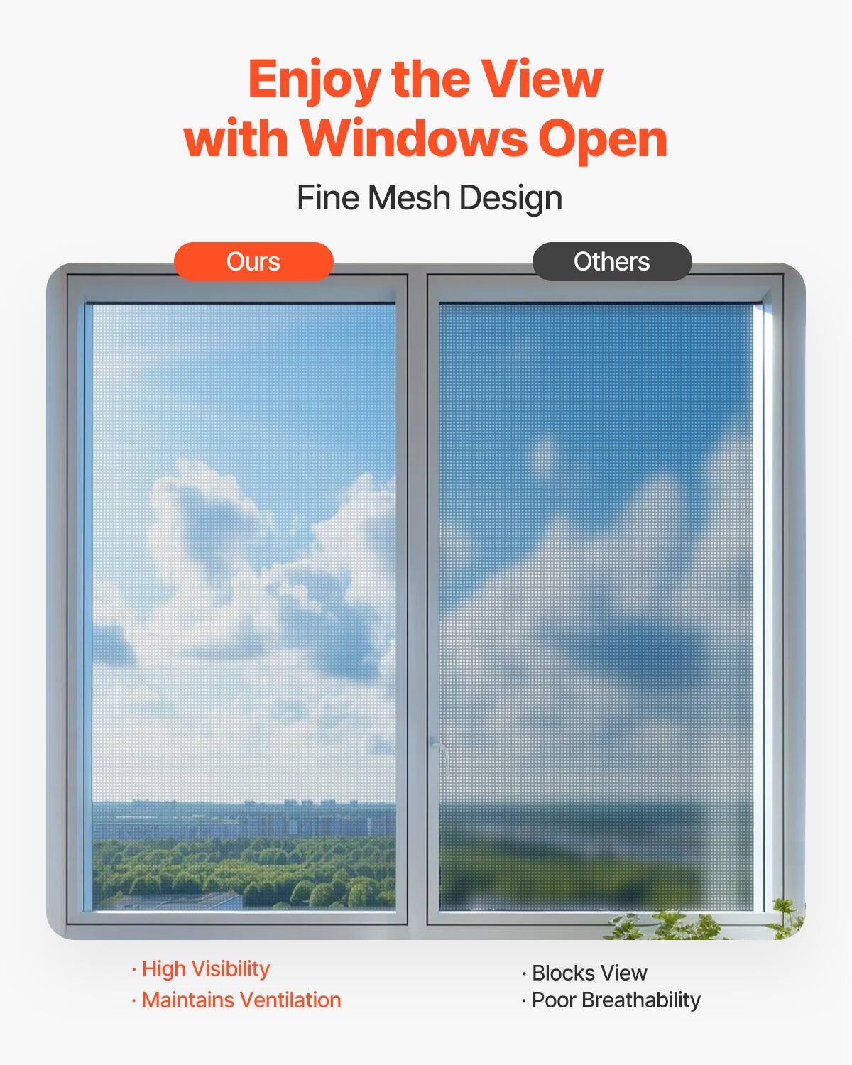 Enjoy the View with Windows Open  
Fine Mesh Design  

Ours  
- High Visibility  
- Maintains Ventilation  

Others  
- Blocks View  
- Poor Breathability