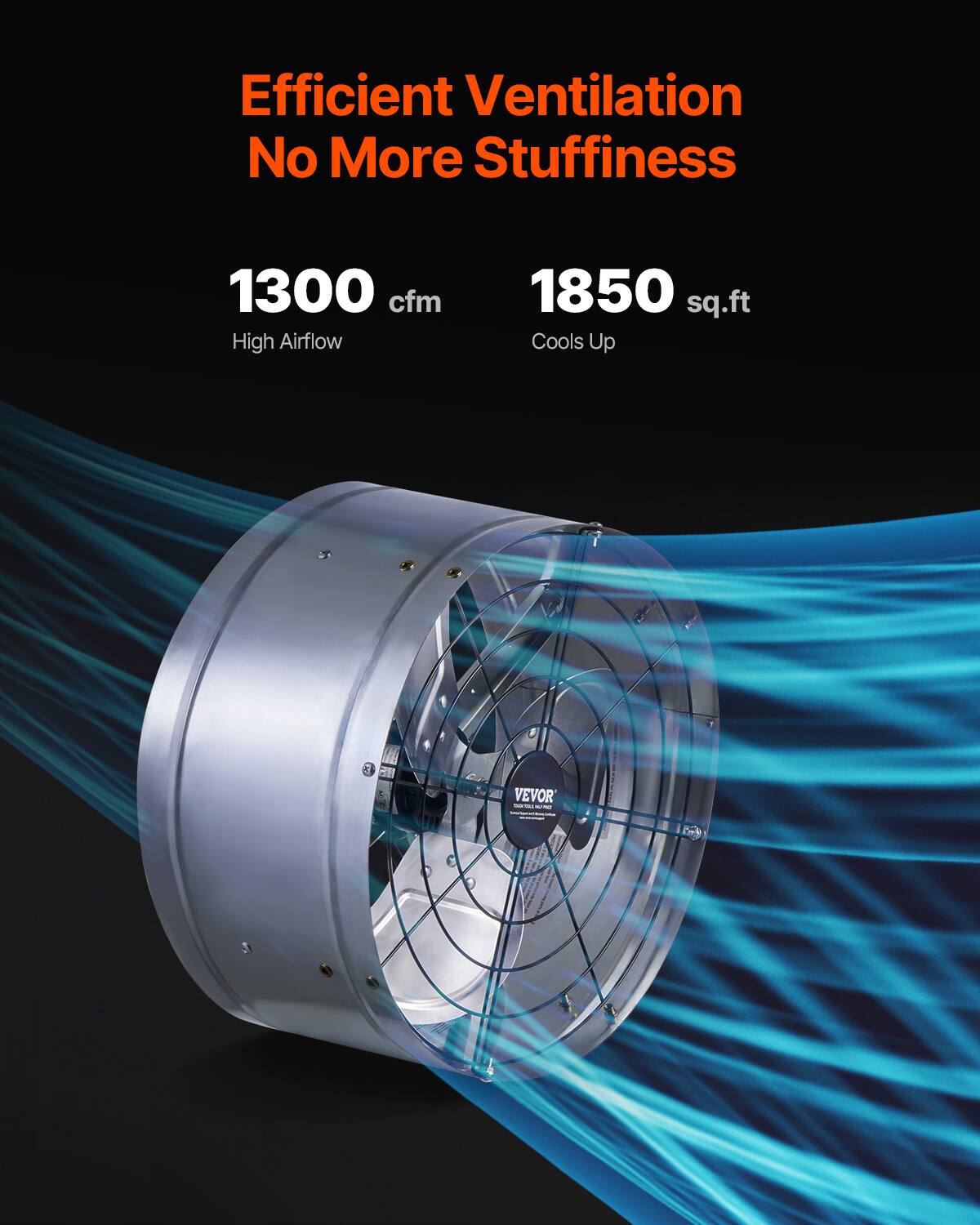 Efficient Ventilation  
No More Stuffiness  

1300 cfm  
High Airflow  

1850 sq.ft  
Cools Up  

VEVOR