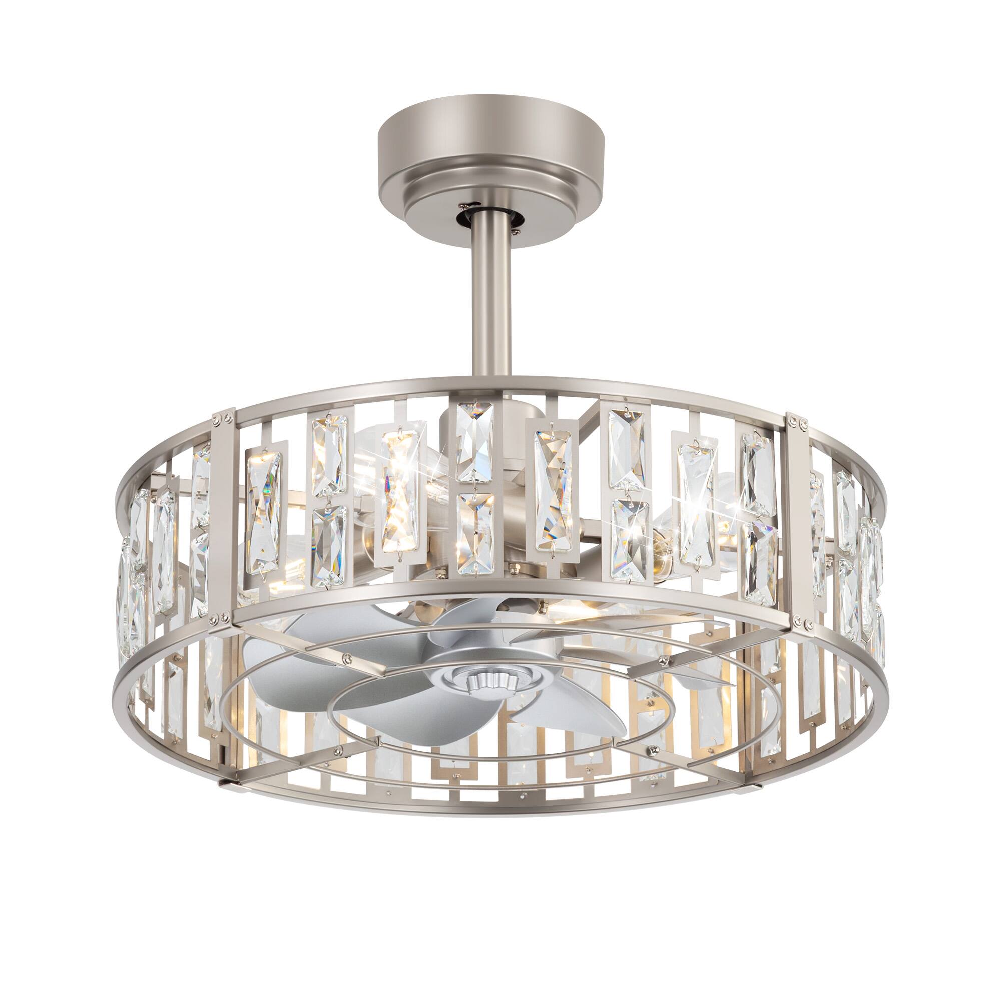 Angle. Breezary - 20-In Cage Ceiling Fan with 7 ABS Blades, KD Version, DC Motor, 4''/8'' Downrods, Remote Control with Timer - Satin Nickel.