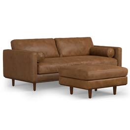 Simpli Home - Morrison Mid-Century Modern 89 inch Wide Sofa with Ottoman Set in Caramel Brown Genuine Leather - Caramel Brown