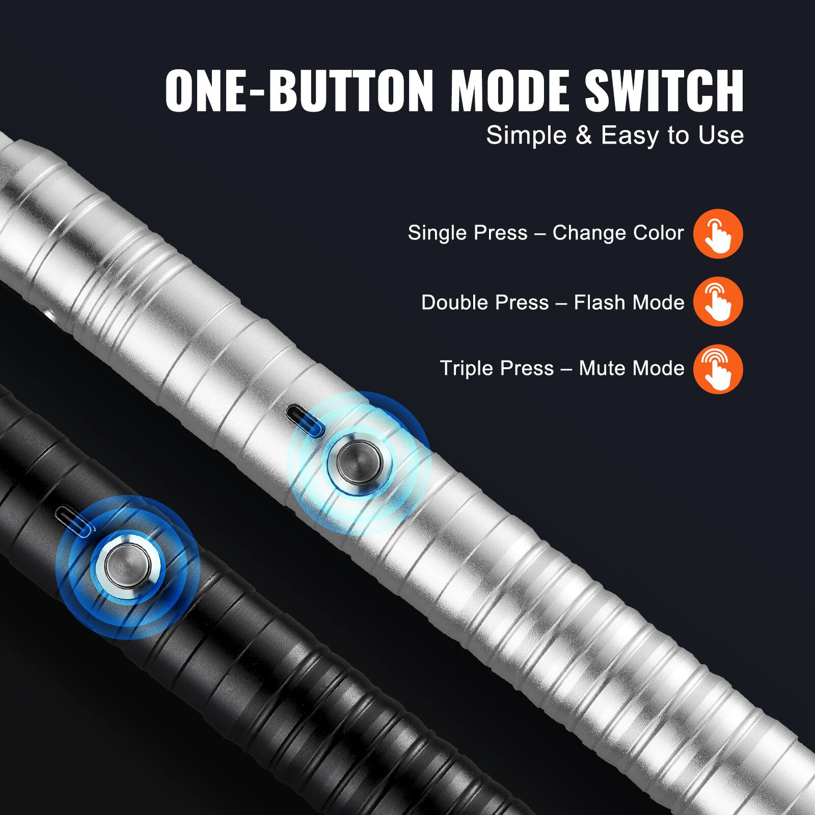ONE-BUTTON MODE SWITCH  
Simple & Easy to Use  

Single Press – Change Color  
Double Press – Flash Mode  
Triple Press – Mute Mode