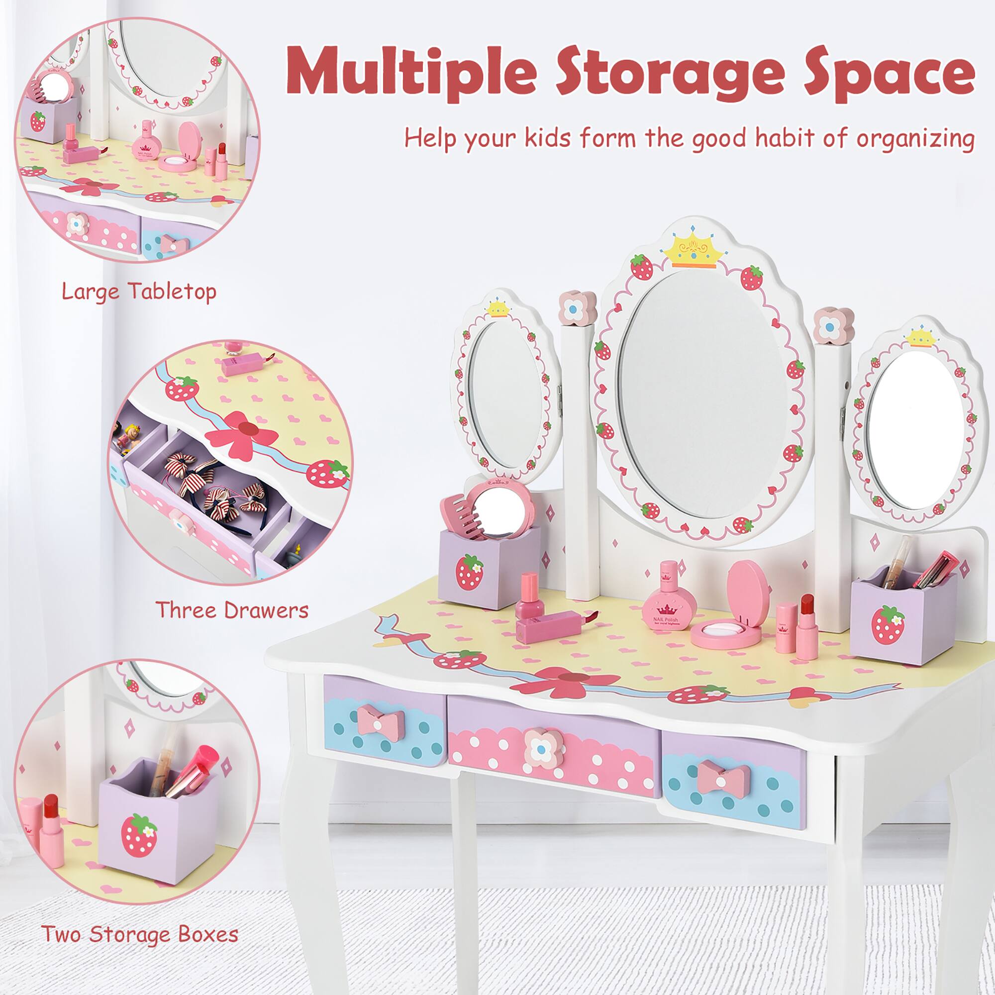 Multiple Storage Space
Help your kids form the good habit of organizing
Large Tabletop
Three Drawers
Two Storage Boxes