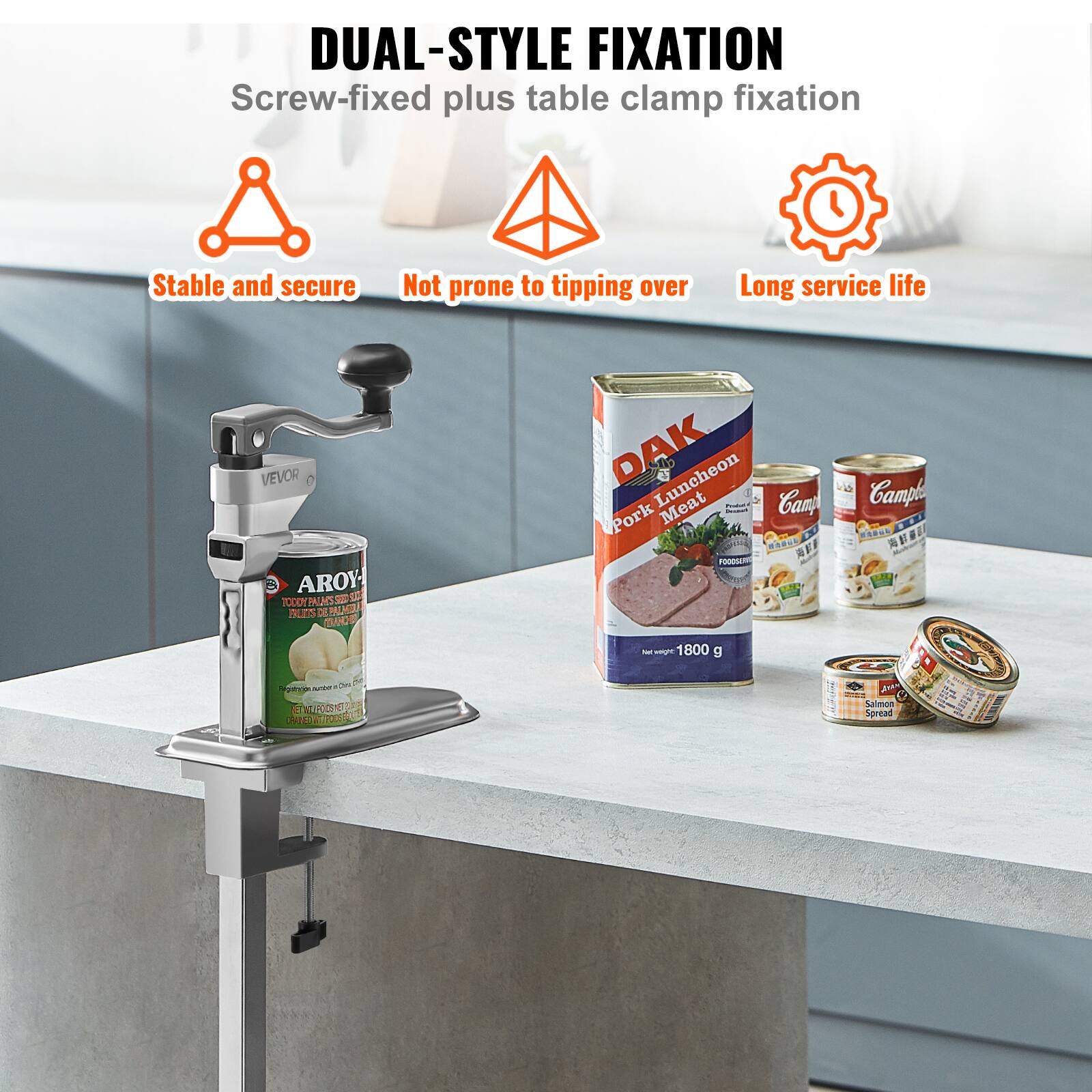DUAL-STYLE FIXATION  
Screw-fixed plus table clamp fixation  
Stable and secure  
Not prone to tipping over  
Long service life  

VEVOR  

DAK  
Pork Luncheon Meat  
Net weight: 1800 g  

AROY  
TODDY PAUO  
Burs 3  
PRHEU  

Camp  
Salmon Spread