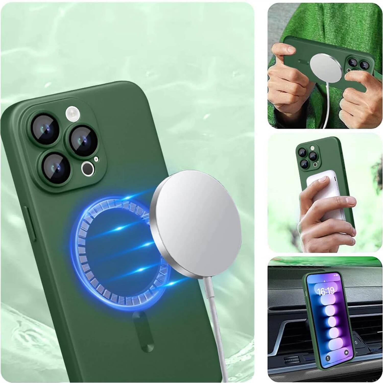 Back. Stock Preferred - Soft Shockproof MagSafe Case  with Camera Lens Protector for iPhone 16 Pro Green - Green.