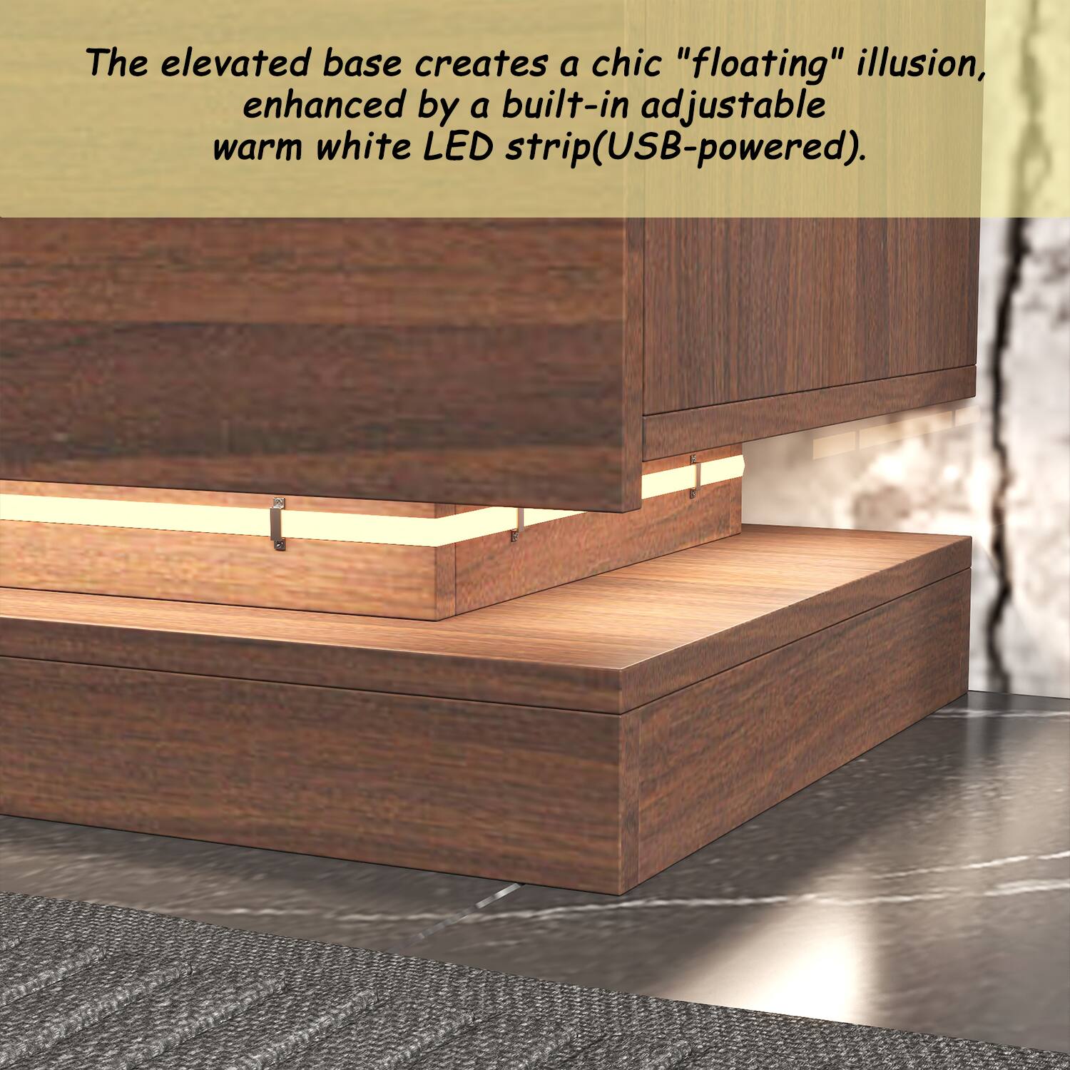 The elevated base creates a chic "floating" illusion, enhanced by a built-in adjustable warm white LED strip (USB-powered).