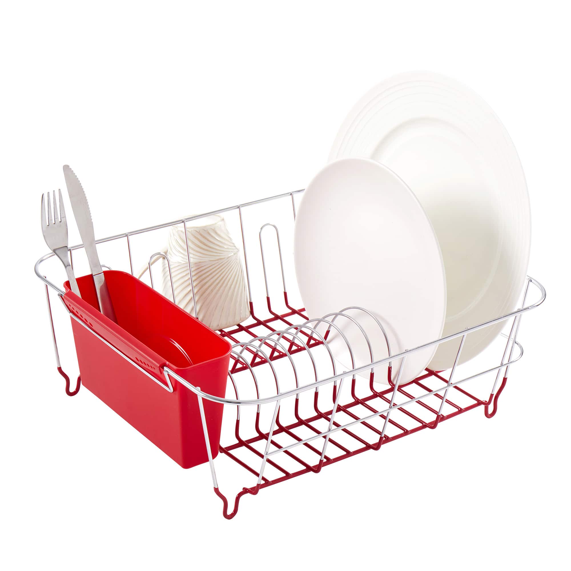 Front. Sweet Home Collection - Chrome Plated Steel 2-Piece Small Compact Dish Drainer - Red.