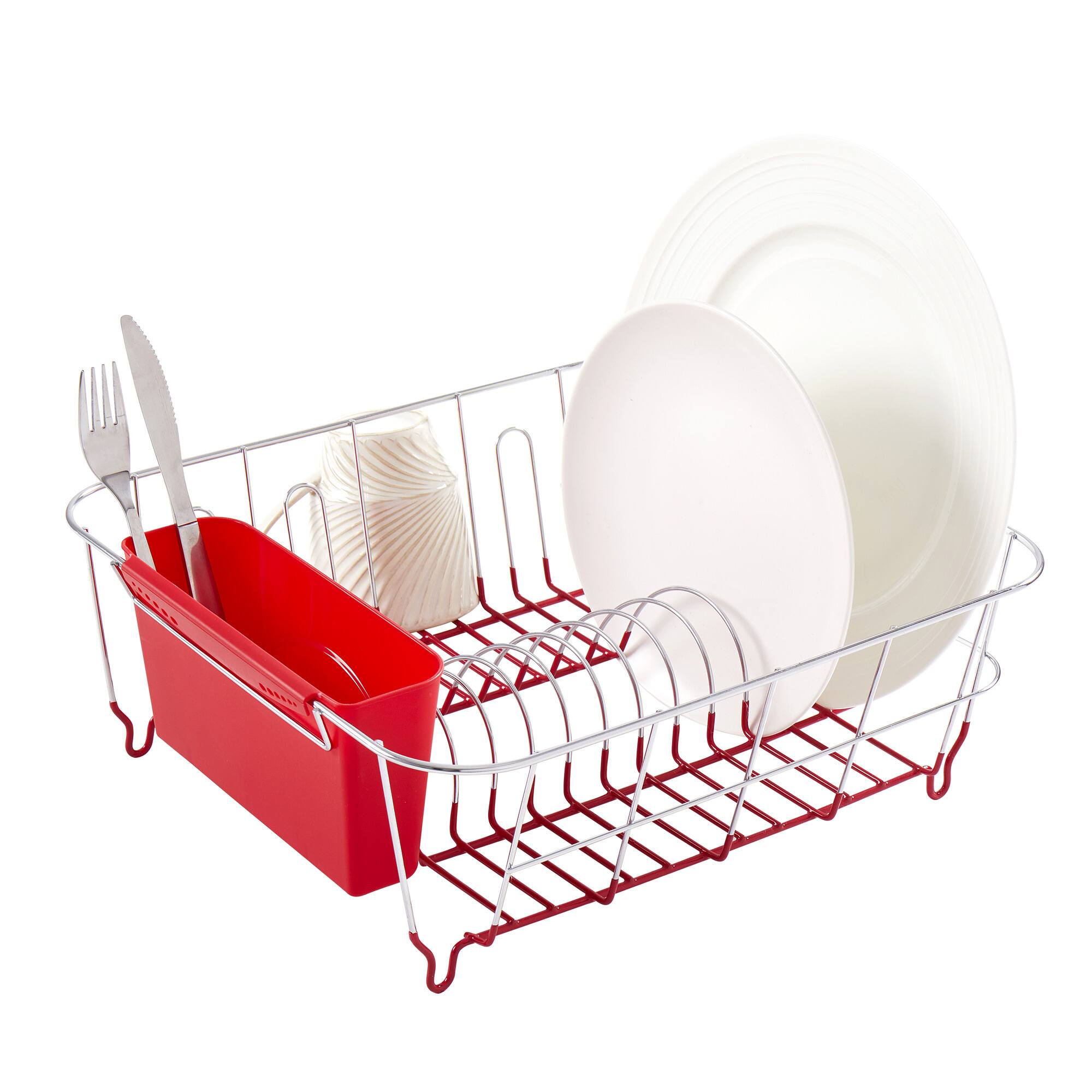 Sweet Home Collection - Chrome Plated Steel 2-Piece Small Compact Dish Drainer - Red