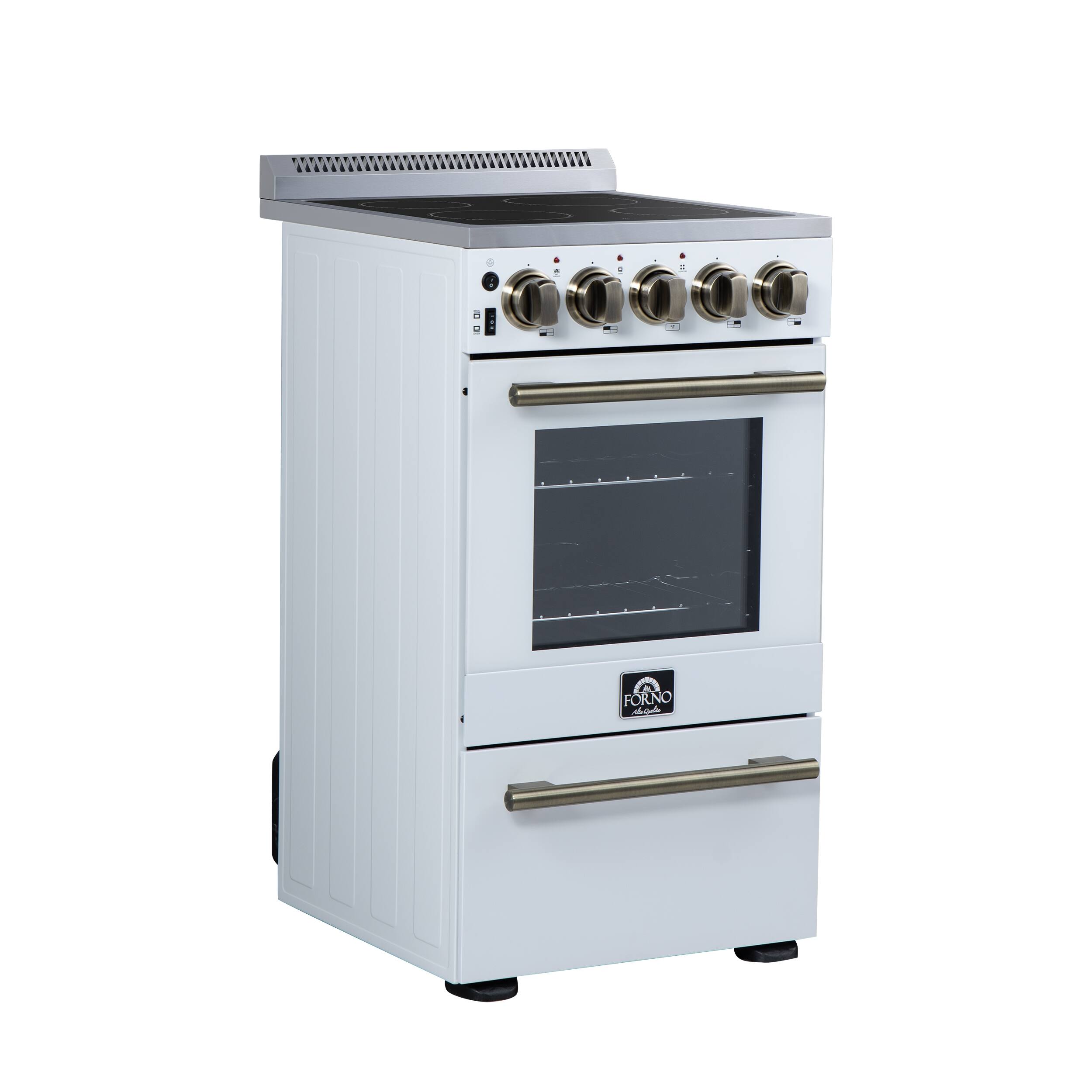 Left. Forno Appliances - Pallerano 2.05 Cu. Ft. Freestanding Electric Range with Antique Brass Accessories - White.