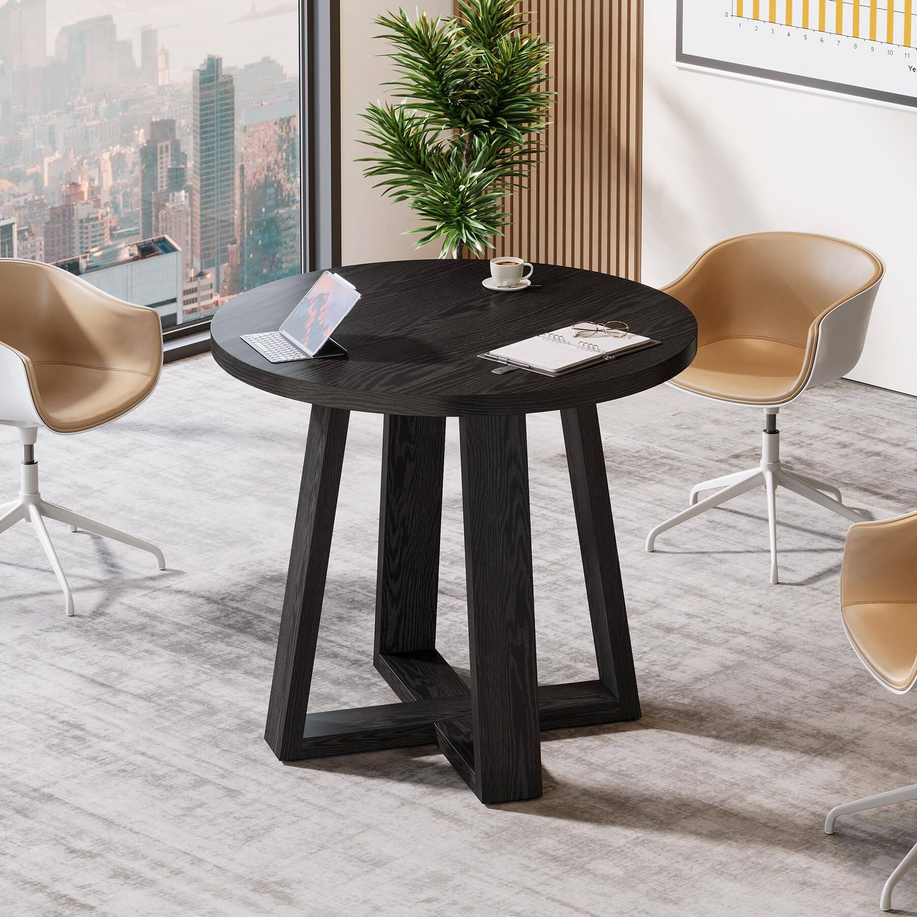 Tribesigns - 31.5-Inch Round Conference Table with Sturdy Wood Base for Small Office Meeting Rooms - Black