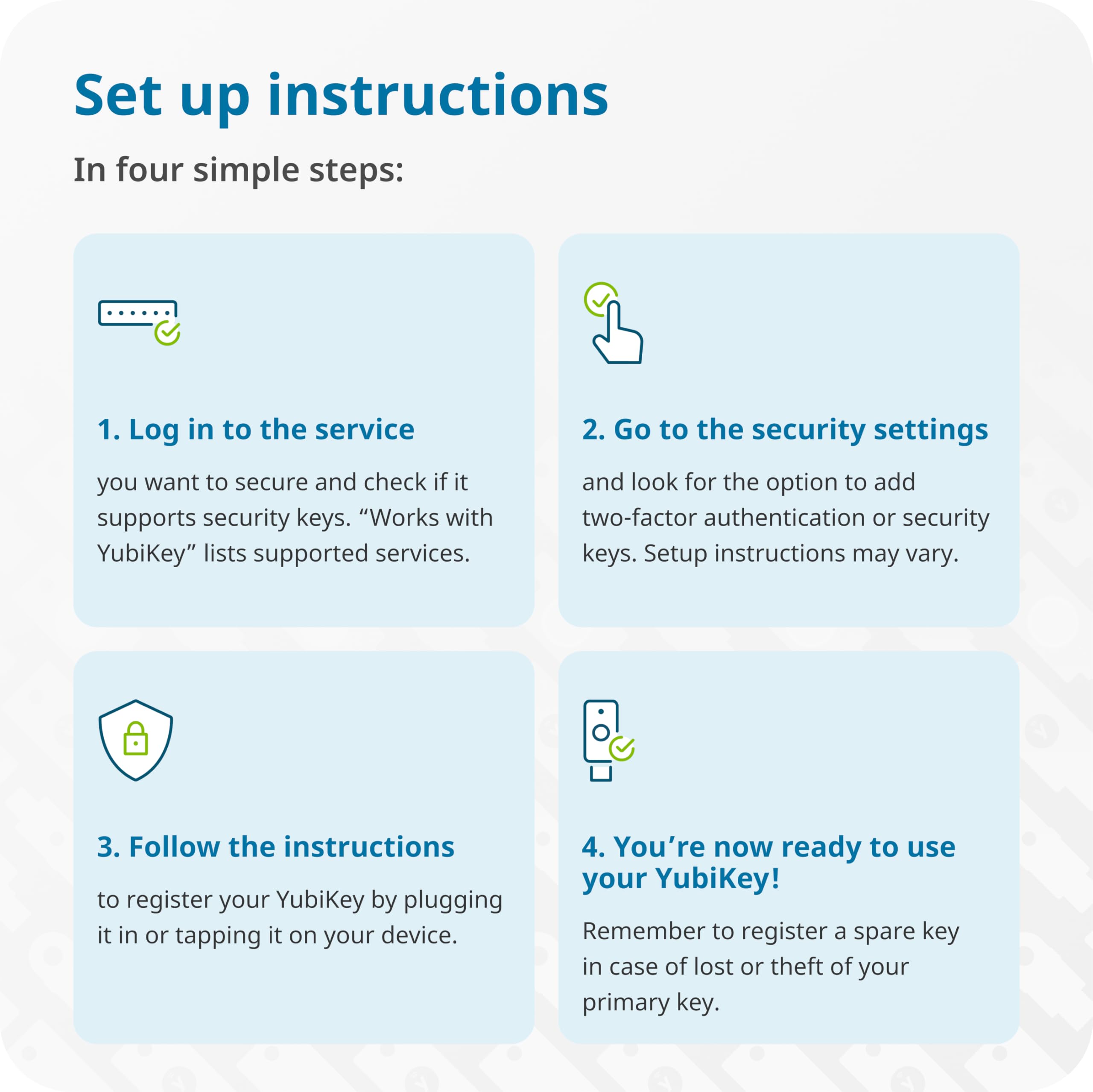 Set up instructions

In four simple steps:

1. Log in to the service you want to secure and check if it supports security keys. "Works with YubiKey" lists supported services.

2. Go to the security settings and look for the option to add two-factor authentication or security keys. Setup instructions may vary.

3. Follow the instructions to register your YubiKey by plugging it in or tapping it on your device.

4. You're now ready to use your YubiKey! Remember to register a spare key in case of lost or theft of your primary key.