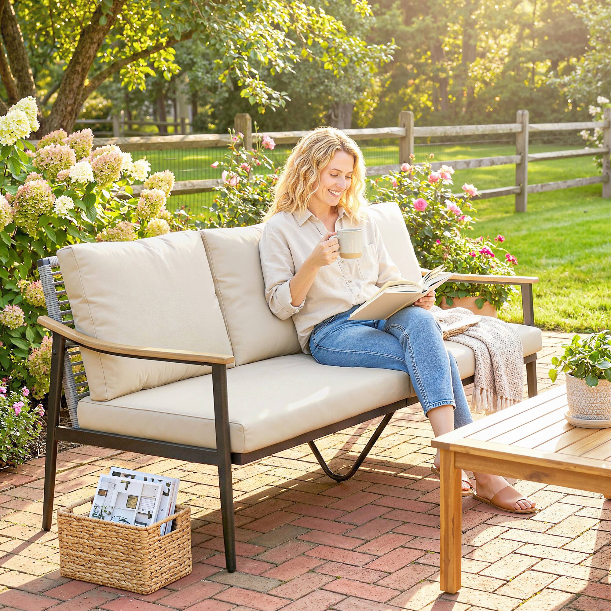 Alt View 1. Outsunny - Seater Outdoor Patio Sofa, Outdoor Couch with Wood-Effect Armrests, Wicker Backrest - Khaki.