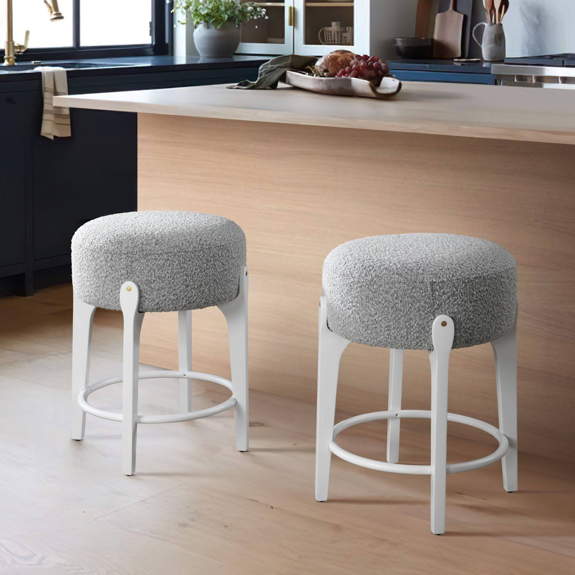 Angle. LuXeo - Ellie 24 in. White Backless Wood Counter Stool with Gray Boucle Fabric Seat (Set of 2) - White/Gray.