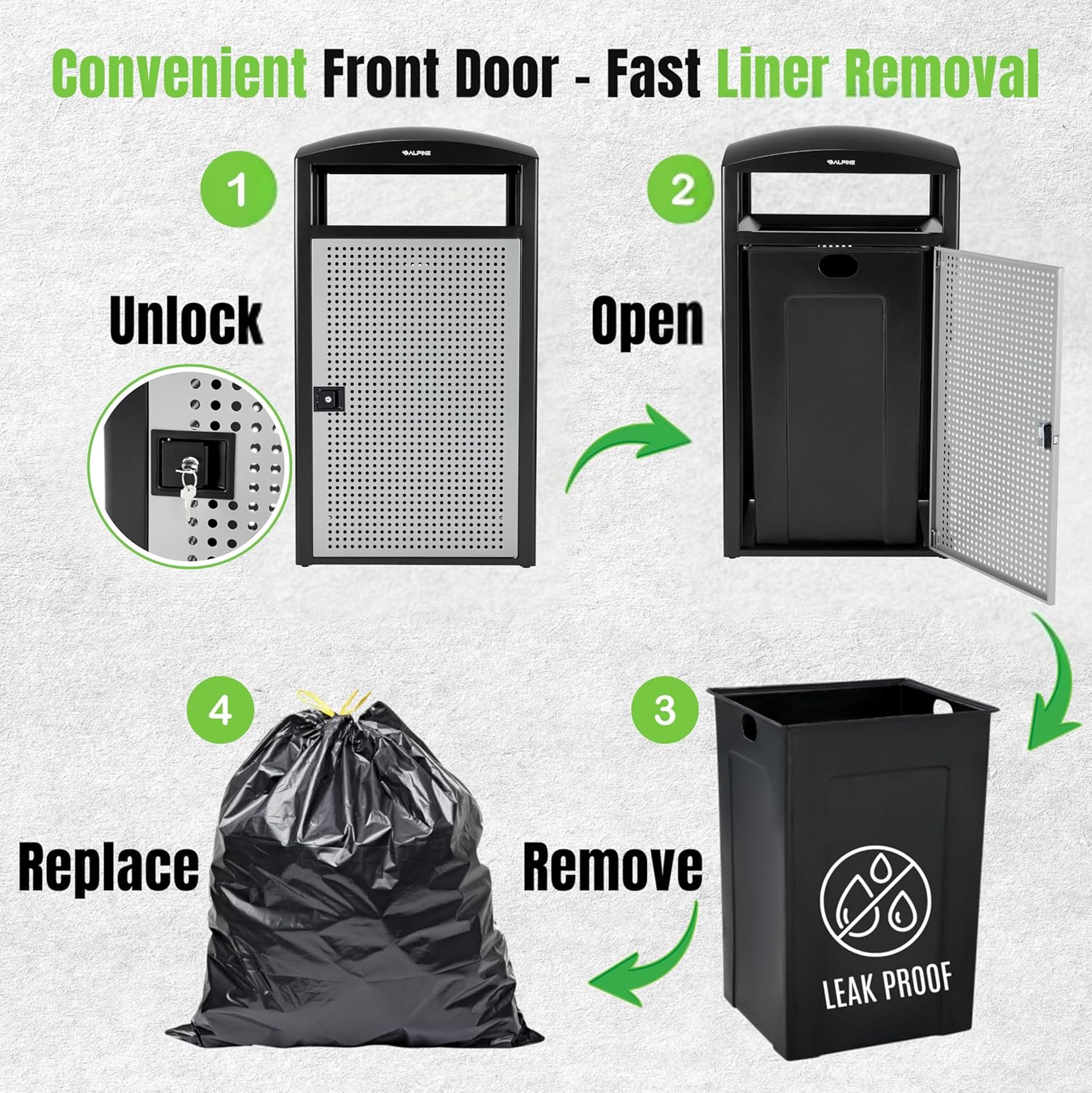 Convenient Front Door - Fast Liner Removal
1. Unlock
2. Open
3. Remove
4. Replace
LEAK PROOF