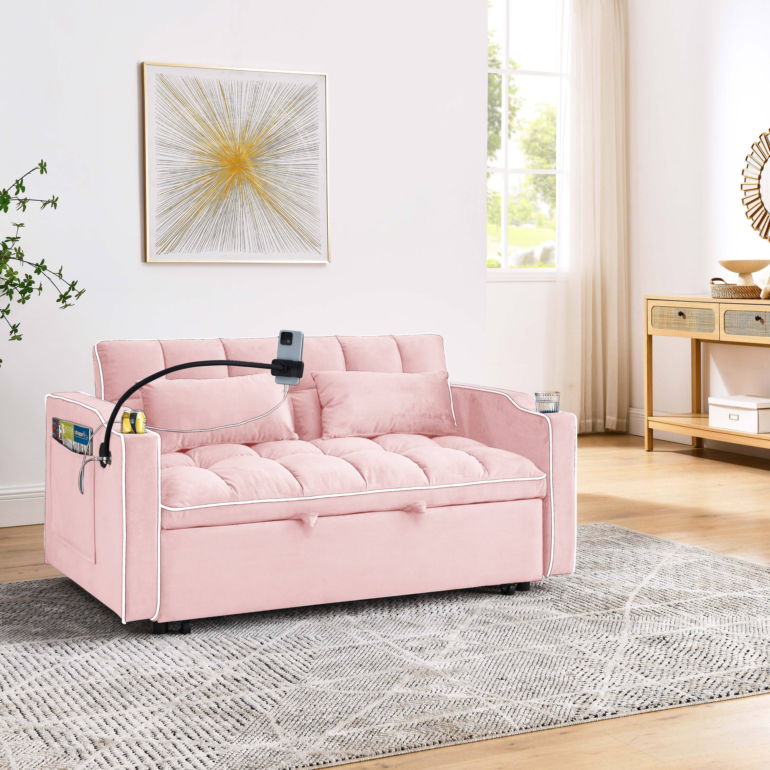 Back. GOODSILO - Versatile 55-Inch Foldable Sofa Bed with Adjustable Backrest and Modern Convenience Features for Living Spaces - Baby Pink.