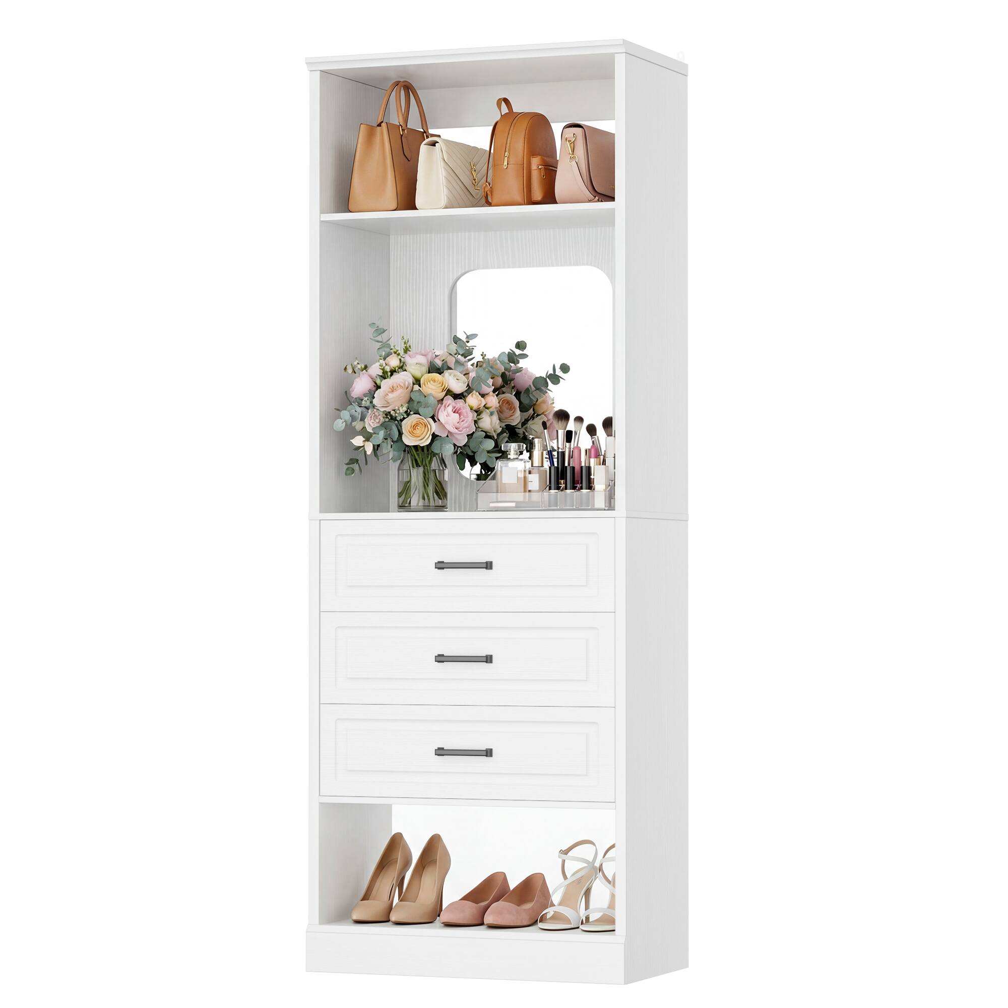 Angle. Aheaplus - 25'' Upgraded Style Walk-in Closet Organizer with 3 Drawers and Mirror - White.
