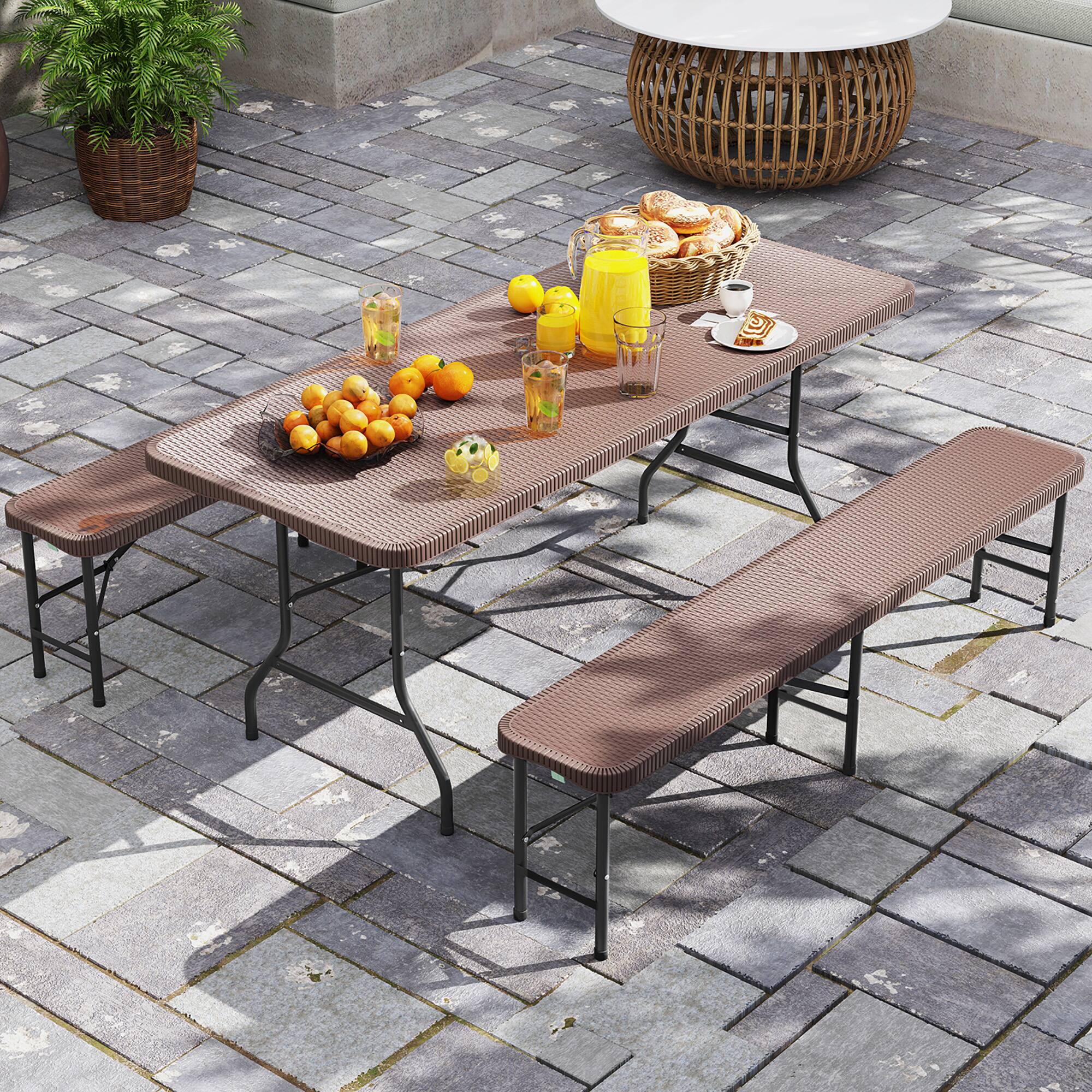 Alt View 1. Gymax - Gymax 3 Piece Folding Picnic Table Set w/ 6 ft Table & 2 Benches for Yard Camping - Coffee.