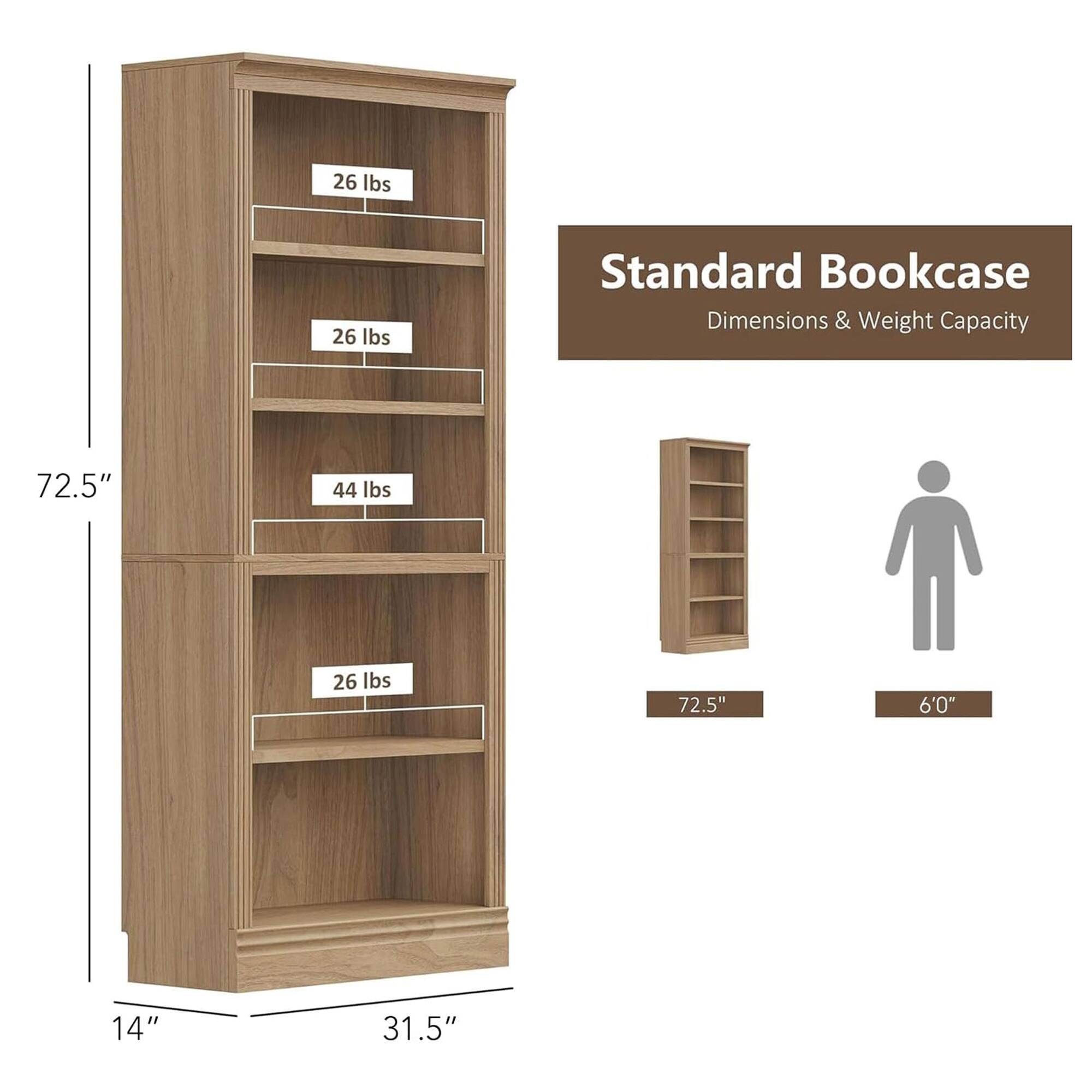 Standard Bookcase  
Dimensions & Weight Capacity  

- 72.5"  
- 14"  
- 31.5"  

- 26 lbs  
- 26 lbs  
- 44 lbs  
- 26 lbs  

- 72.5"  
- 6'0"