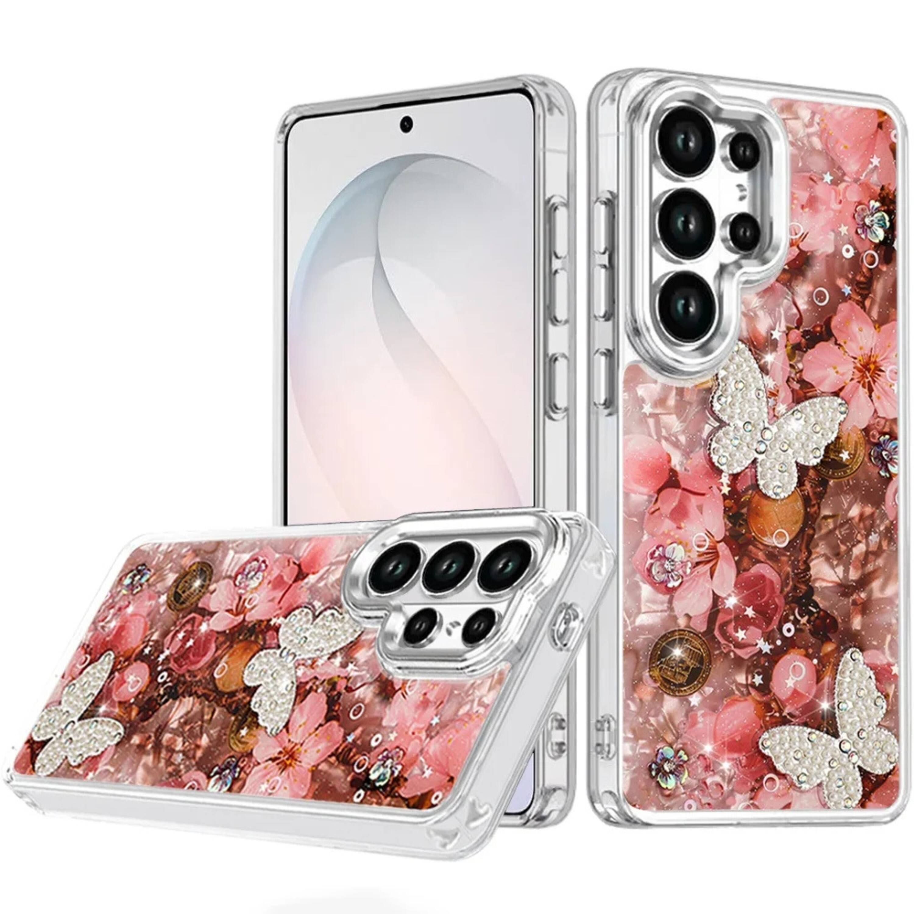 Front. Kitcheniva - Floral Glitter Epoxy Butterfly Protective Case With Tempered Glass For Samsung S26 Ultra Red Butterfly - Red.