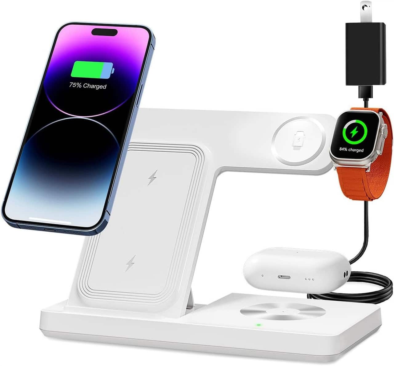 SKRAN - 15W Wireless Charger 3-In-1 Wireless Stand - Fast Charging Dock Compatible With iPhone 17, Apple Watch Ultra, AirPods - White
