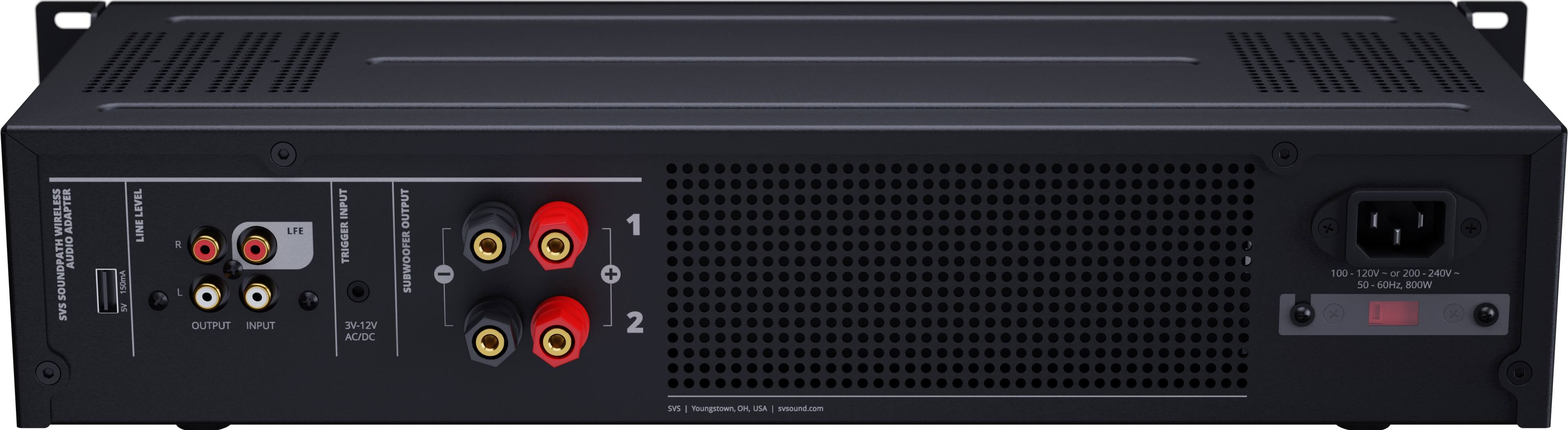 The text on the image reads: "ESS WIRELESS ADAPTER AUDIO SOUNDPATH SAS 150mA AS LEVEL LINE LFE a L OUTPUT INPUT INPUT TRIGGER JV-12V AC/DC OUTPUT SUBWOOFER - 1 + 2 I 7 100 120V 1 200 240V - 50 60Hz ROOW x x ses I .wu Om USA I ound.com". This text is likely related to the audio equipment, such as the amplifier, and provides information about its features, specifications, and compatibility with various devices.