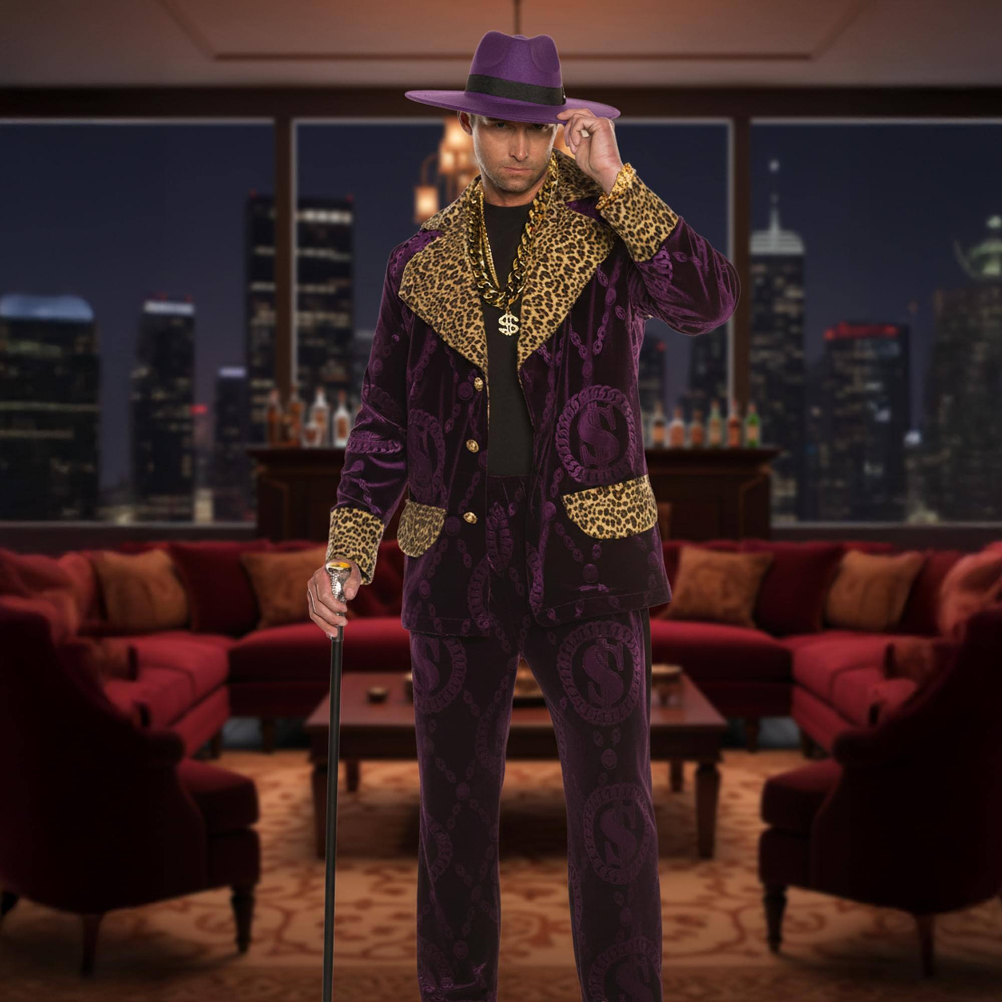 Alt View 10. Underwraps - Pimp 4-Piece Adult Costume Accessory Kit | Purple Hat & Chains - Purple.