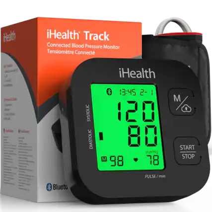 iHealth iHealth Track Connected Blood Pressure Monitor Tensiomètre Connecté
Box Contents:
1 x Blood Pressure Monitor
1 x Cuff
1 x User Guide
4 x AA Batteries
Contenu de la boîte:
1 x Tensiomètre
1 x Câble guidage
4 x Piles AA
Specifications:
- Systolic: 120
- Diastolic: 80 mmHg
- Pulse: 98
- Bluetooth
START STOP
PULSE / min