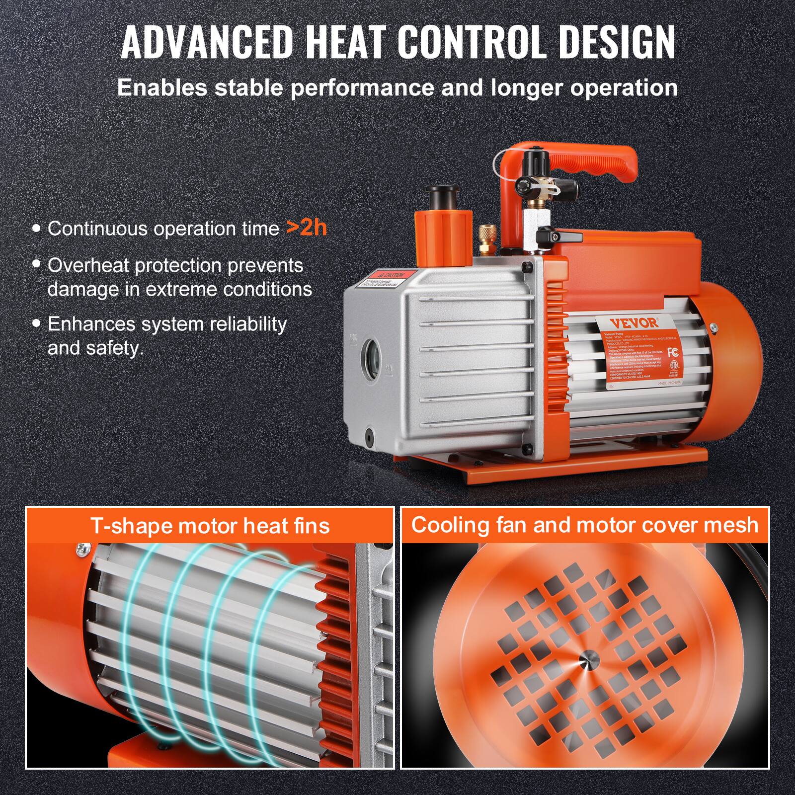 ADVANCED HEAT CONTROL DESIGN  
Enables stable performance and longer operation  

- Continuous operation time >2h  
- Overheat protection prevents damage in extreme conditions  
- Enhances system reliability and safety.  

9 VEVOR | i I - | :  : | - FC |  -  | I | - 1  

T-shape motor heat fins  
Cooling fan and motor cover mesh