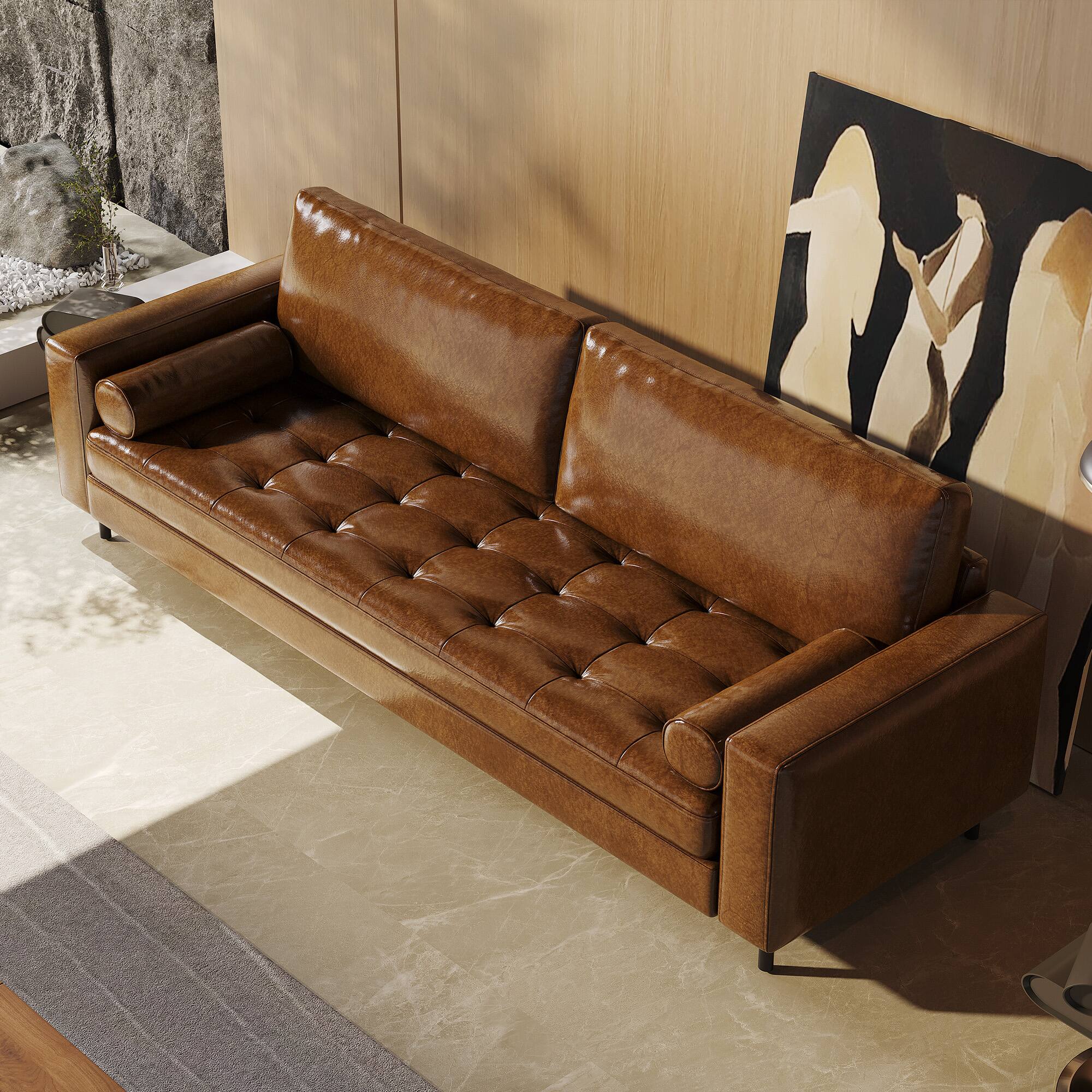 Left. luck idea - 80.31" Luxury Oil-Waxed Leather Sofa, High-End Vintage Sofa, Sturdy Frame, Comfortable Seating - Brown.