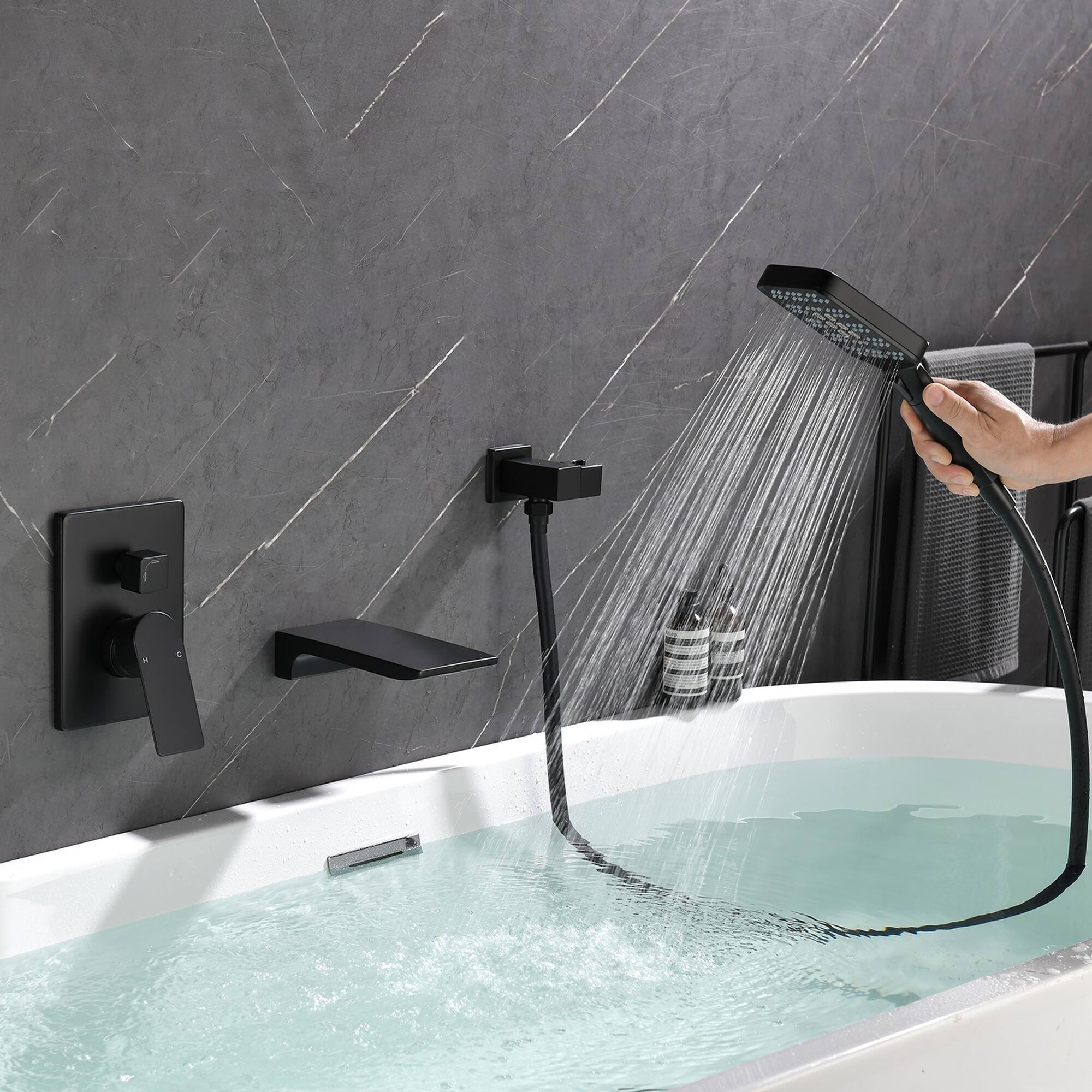Alt View 3. Boyel Living - Matte Black Wall Mount Bathtub Faucet Brass 2-Function Valve Push-Button Handheld 60-Inch PVC Hose cUPC - Black.